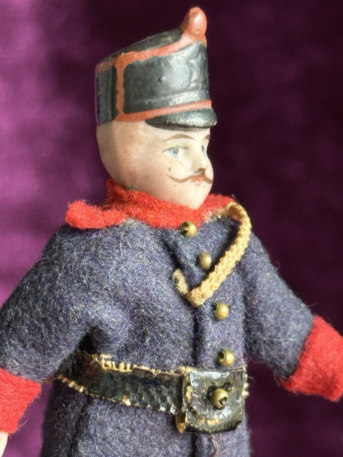 Antique German Bisque 2.875” Soldier Molded Hat Miniature Dollhouse Soldier Doll