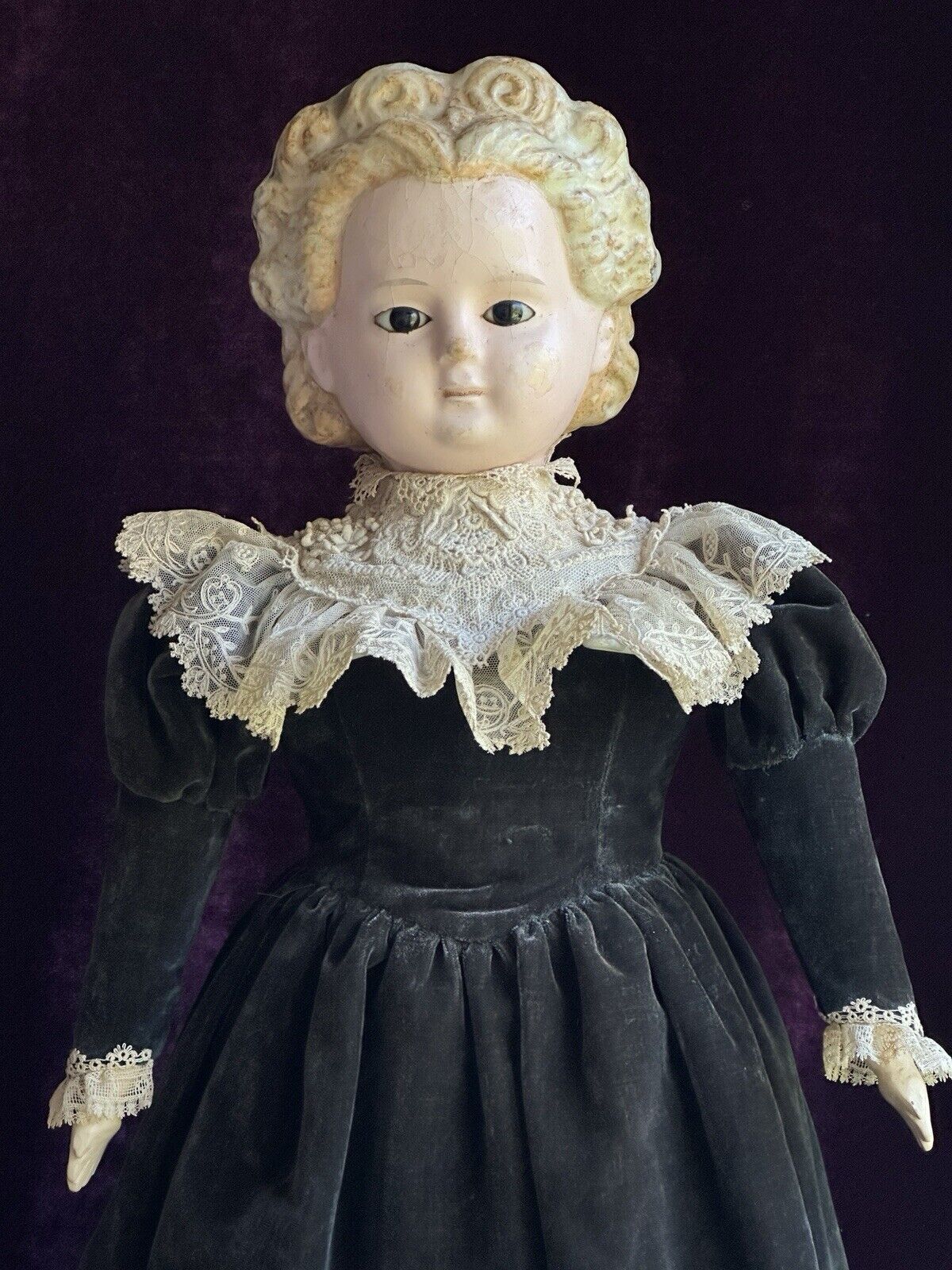 Large Antique German 29” Wax Over Papier Mache Pumpkin Head Doll