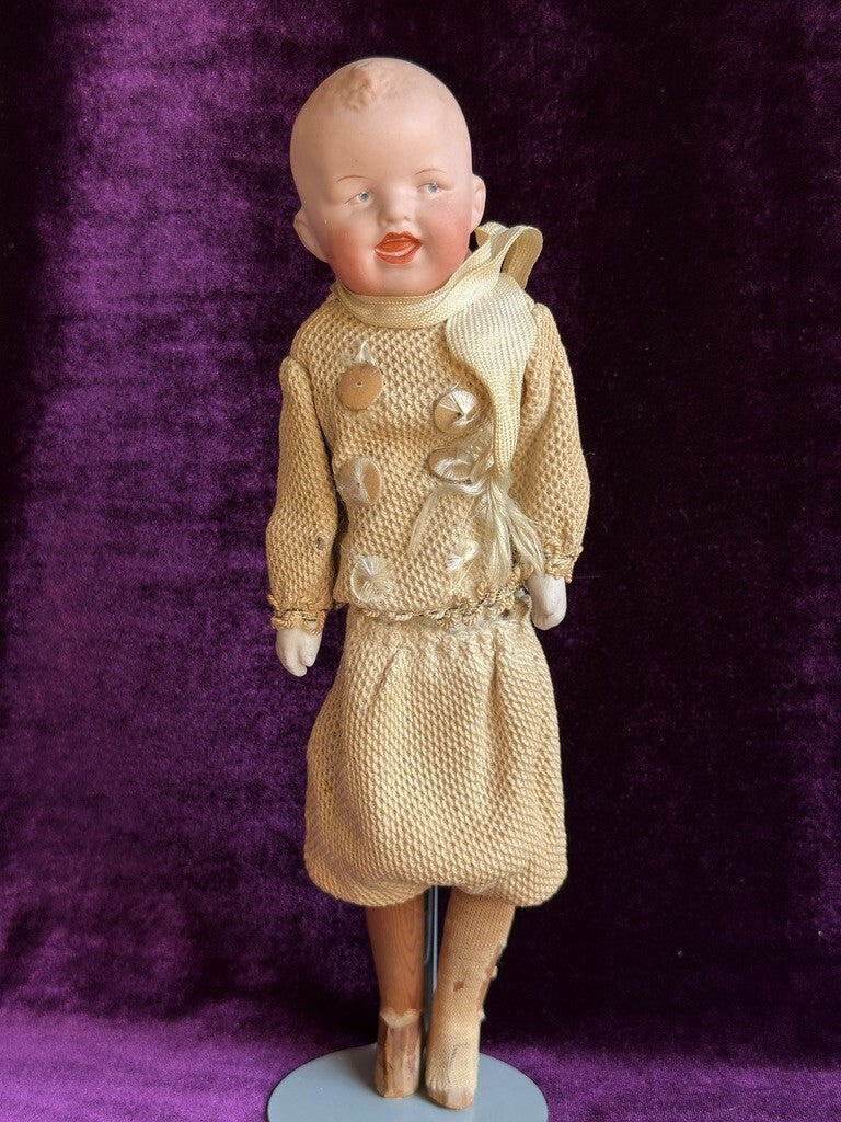 Antique German 11” Gebruder Heubach Rattle (?) Toy with Bisque Doll Head