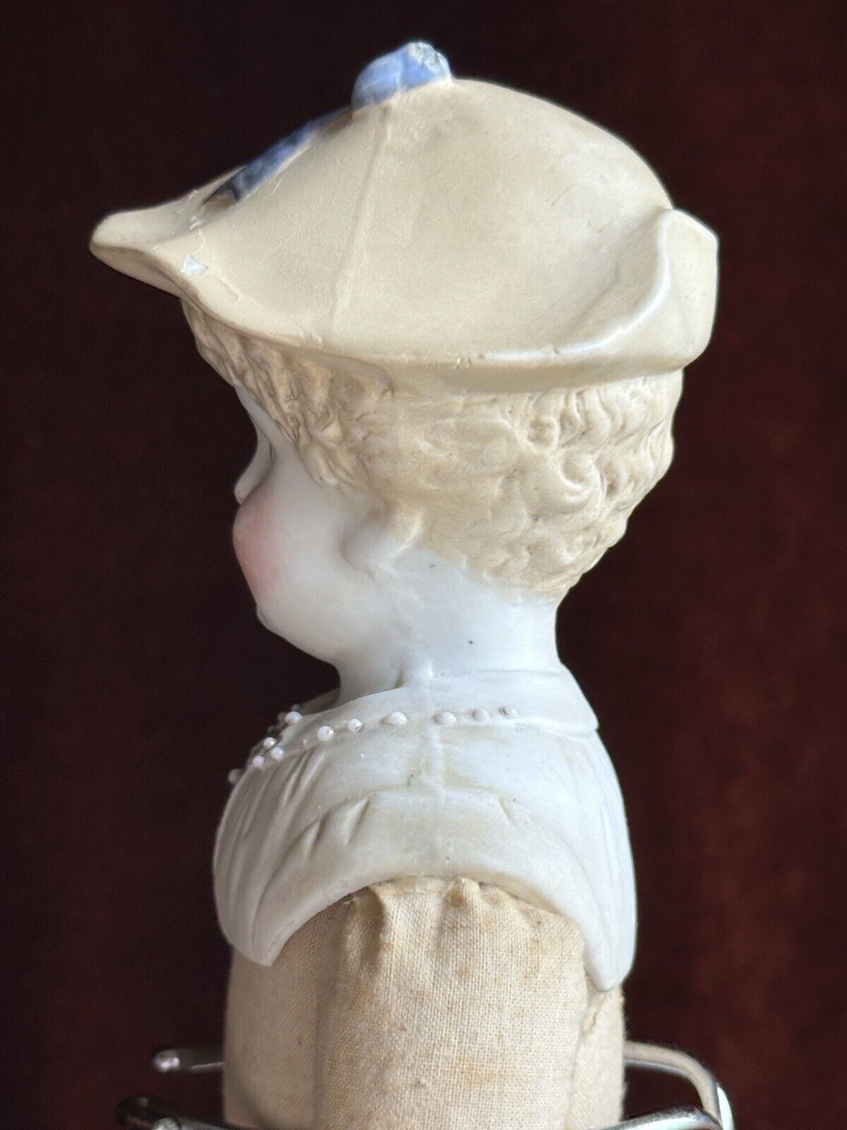 Antique German Hertwig 14” Molded Hat Parian Bisque Shoulder Head Doll