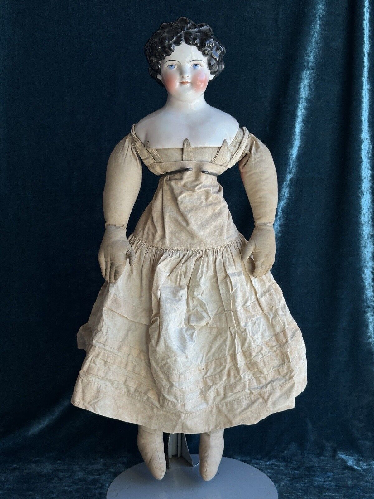 Antique German 26” Dolly Madison China Shoulder Head Doll with Molded Bow