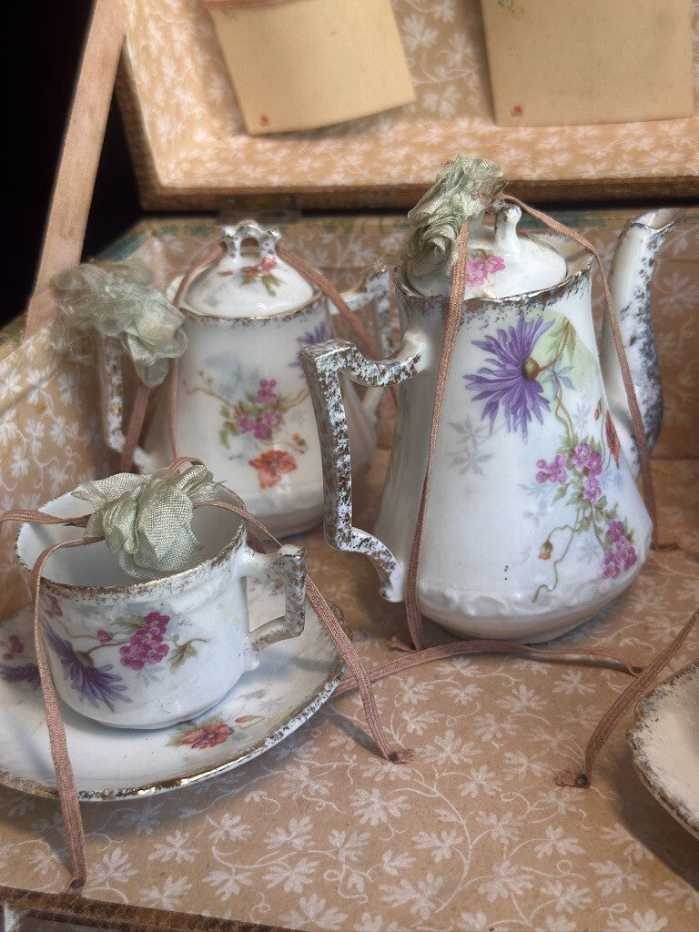 Antique All Original French Doll China Tea Service Set in Presentation Box