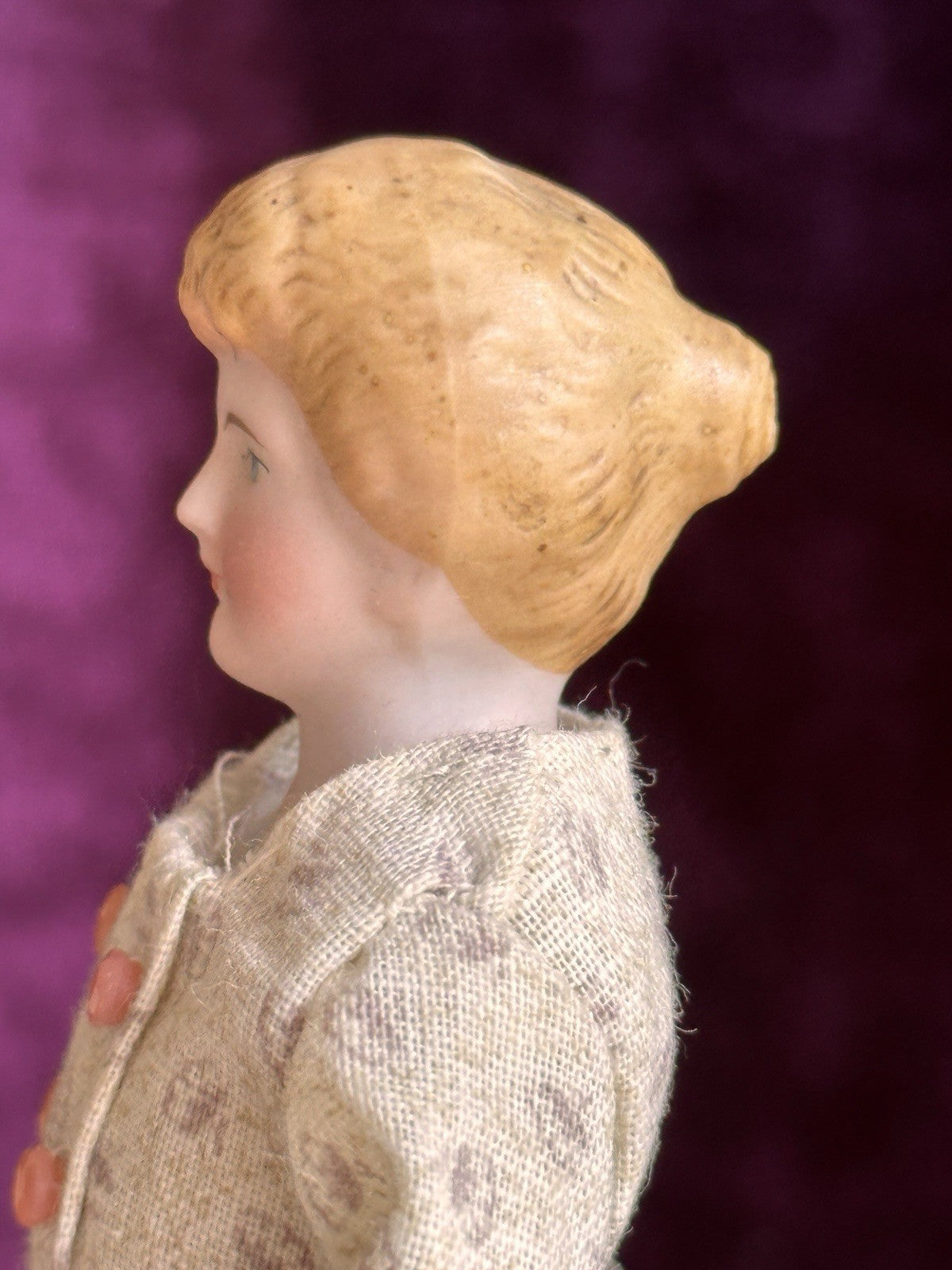 Antique German 5.75” Bisque Cloth Miniature Dollhouse Parian Doll with Bun