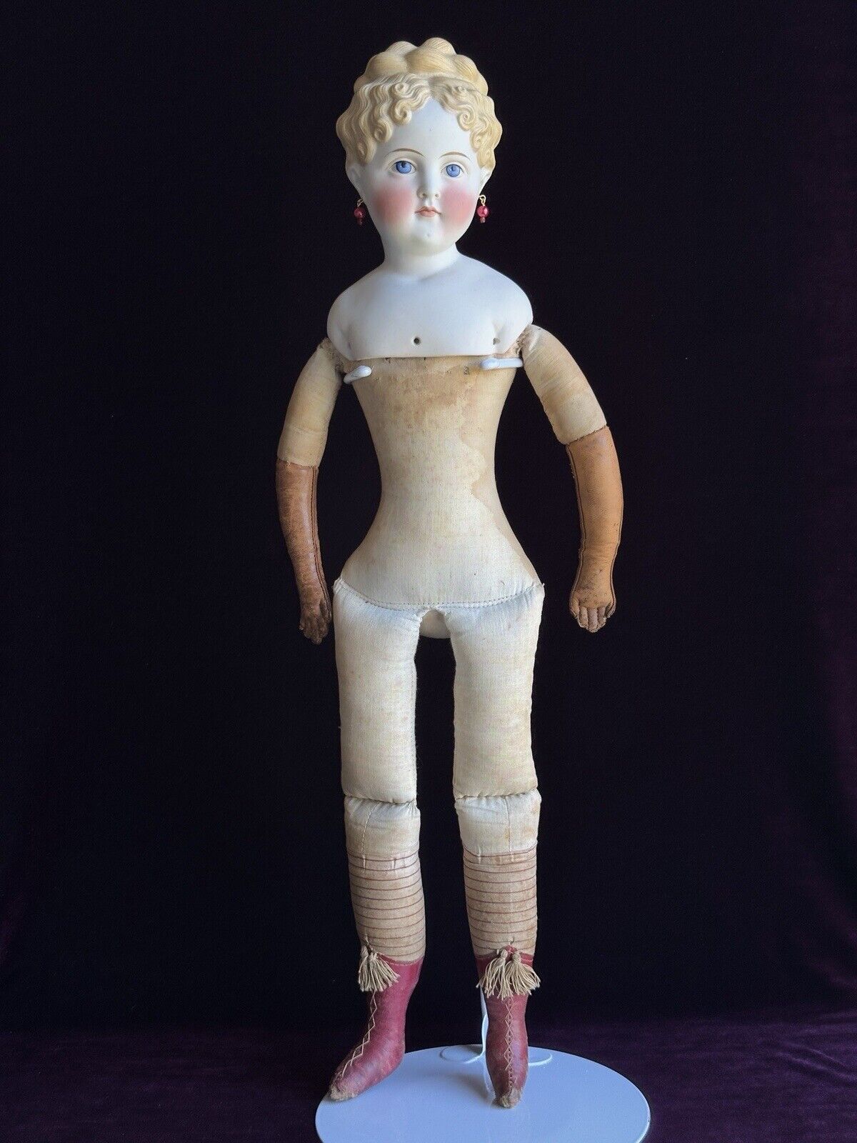 Very Rare Antique German 22” Parian Bisque Turned Head Pierced Ears Lady Doll