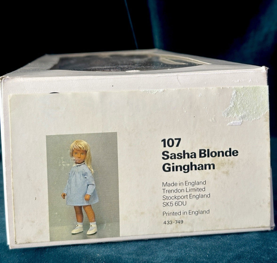 Collectible England Vinyl Sasha Blonde Gingham 107 Girl Doll Box/Tag