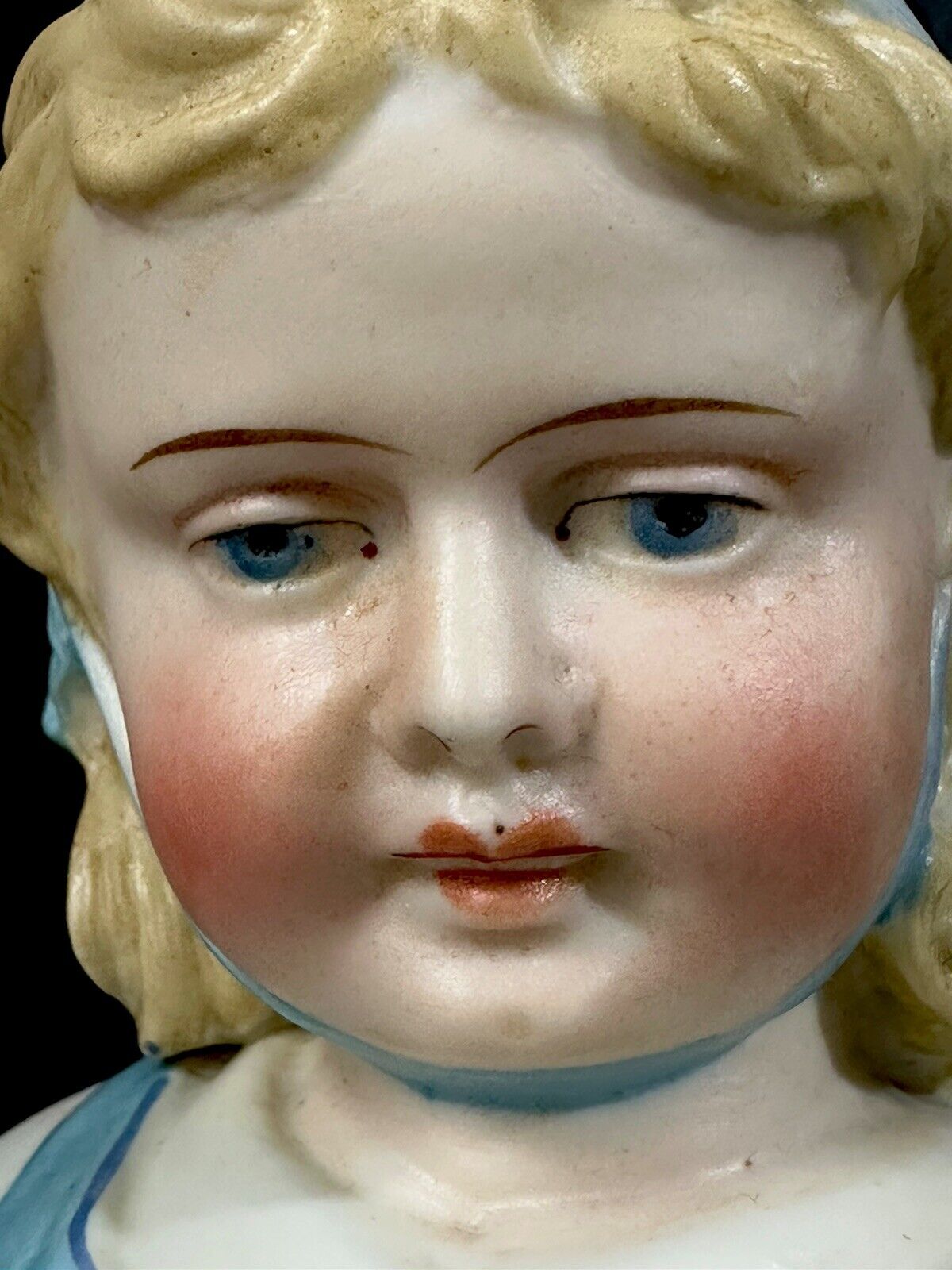 Antique Bisque Large 12” Figurine Girl Holding Cat Marked R In Blue Diamond