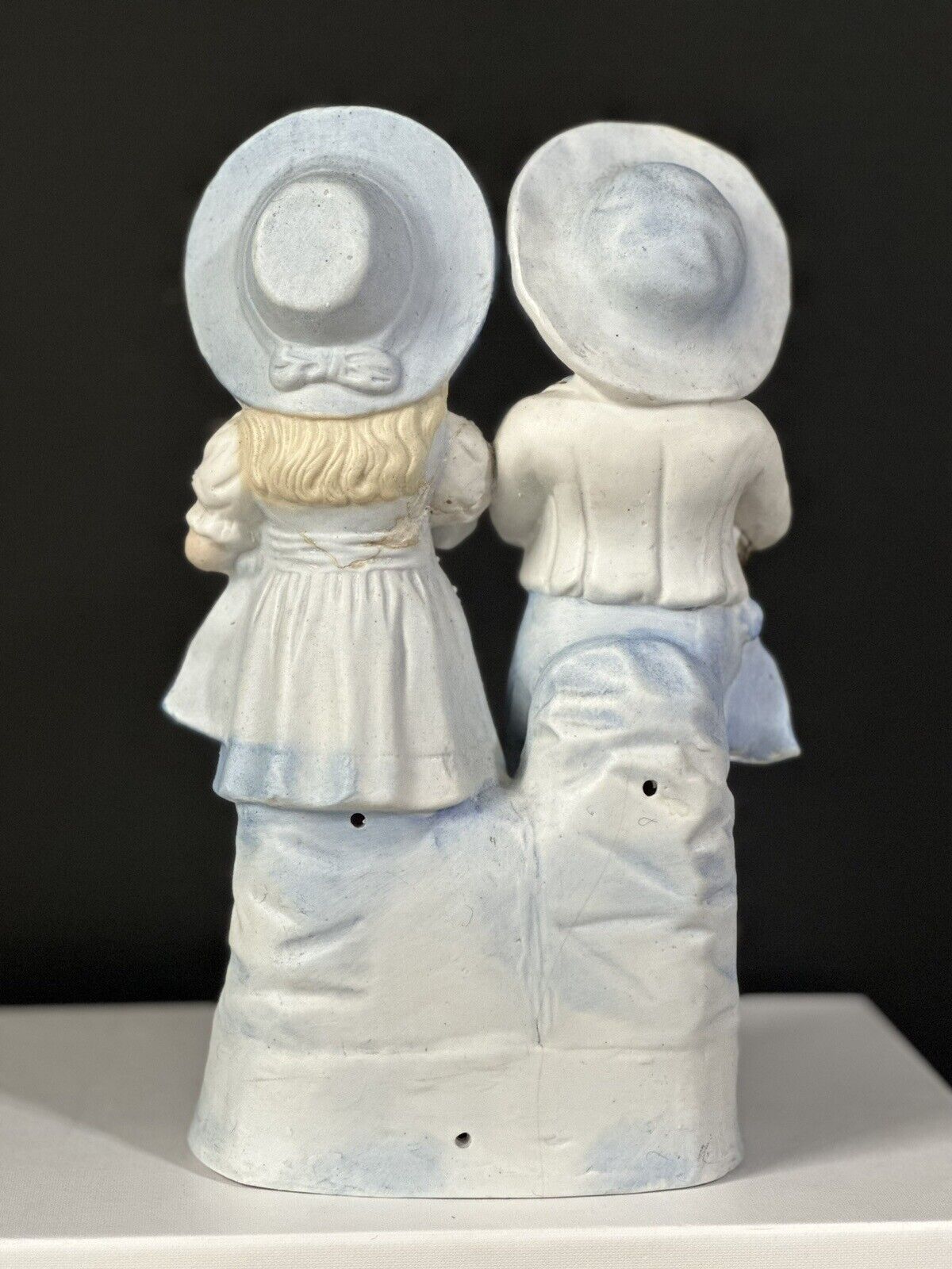 Antique Bisque Large 11” Figurine Boy and Girl In Blue Holding Cats Numbered 15