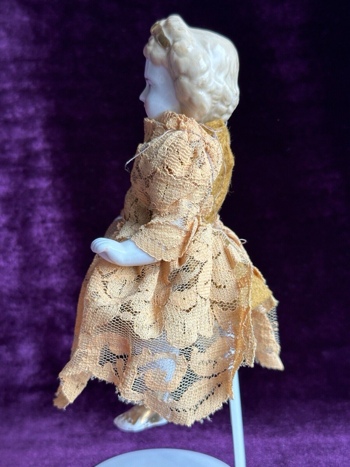 Rare Antique German 6.75” Frozen Charlotte Painted Gold Molded Bow Doll