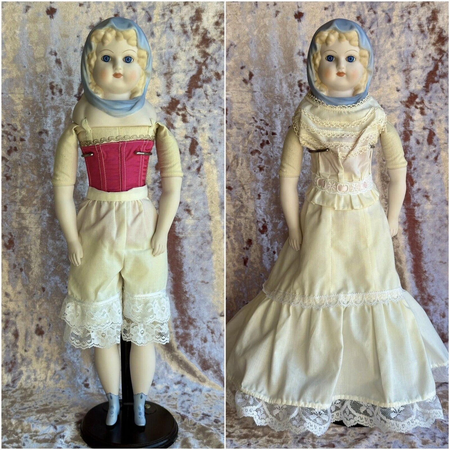 Vintage Emma Clear Queen Louise Blue Scarf Parian Lady Bisque Doll Glass Eyes