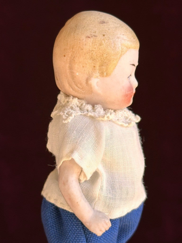 Antique German 4.375” All Bisque Boy Doll with Molded Hair