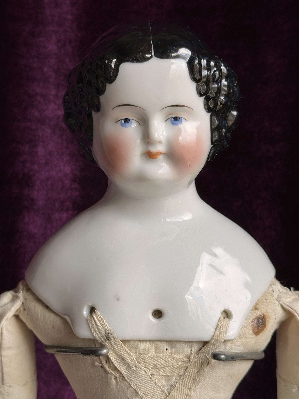 Antique German 19” Flat Top Highbrow Three Holes China Shoulder Head Doll