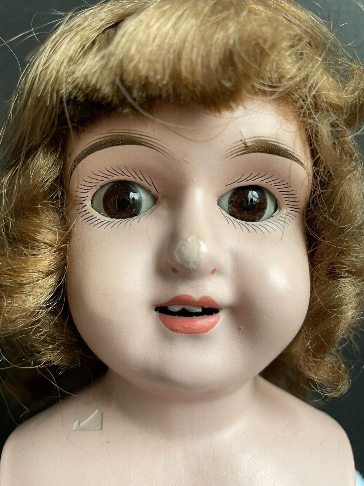 Antique German 22” Alfred Heller (?) Metal Head Glass Eyes Doll