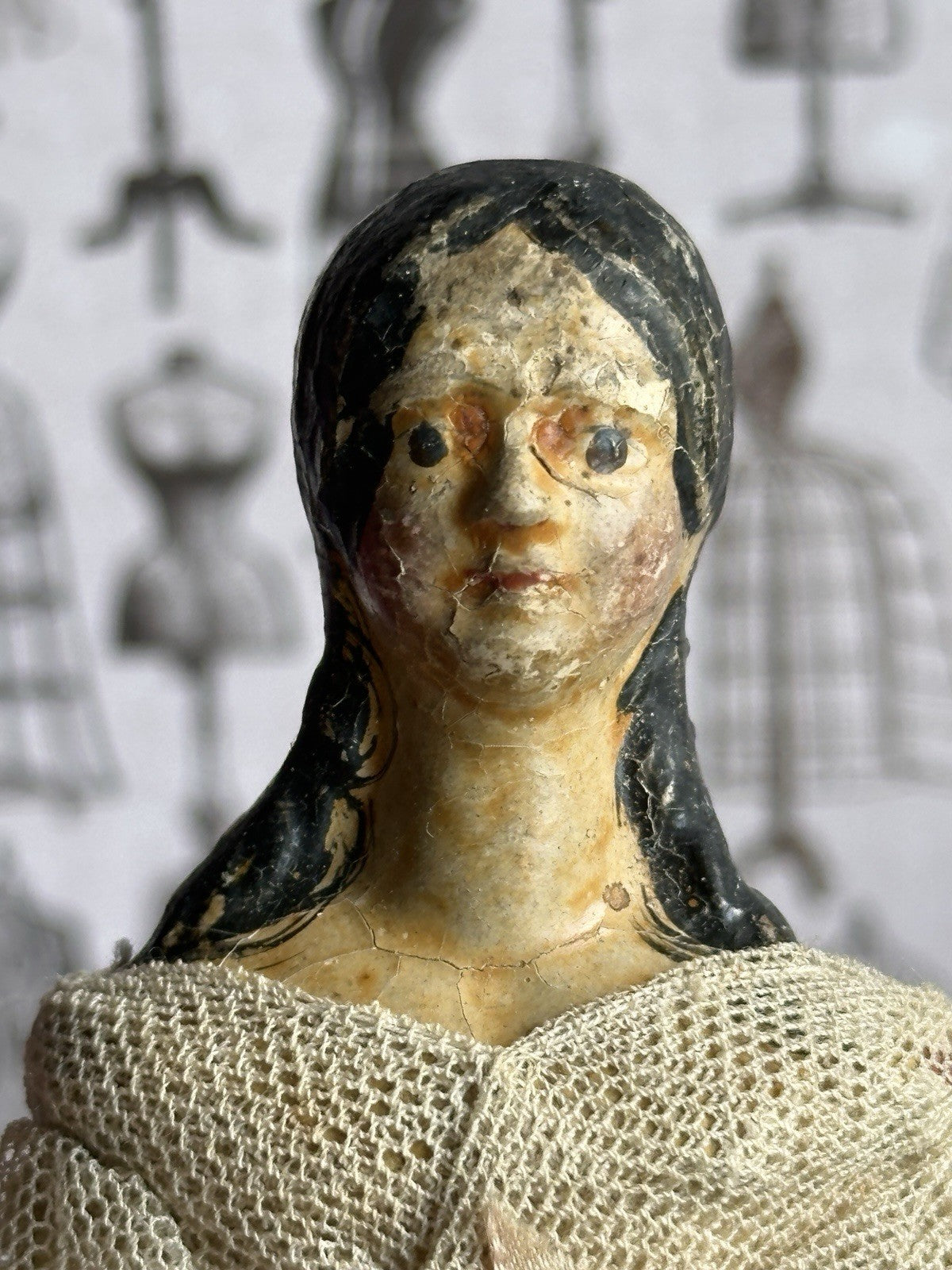 Antique German 6.75” Papier Mache Milliner’s Model Dollhouse Spilled Curls Doll