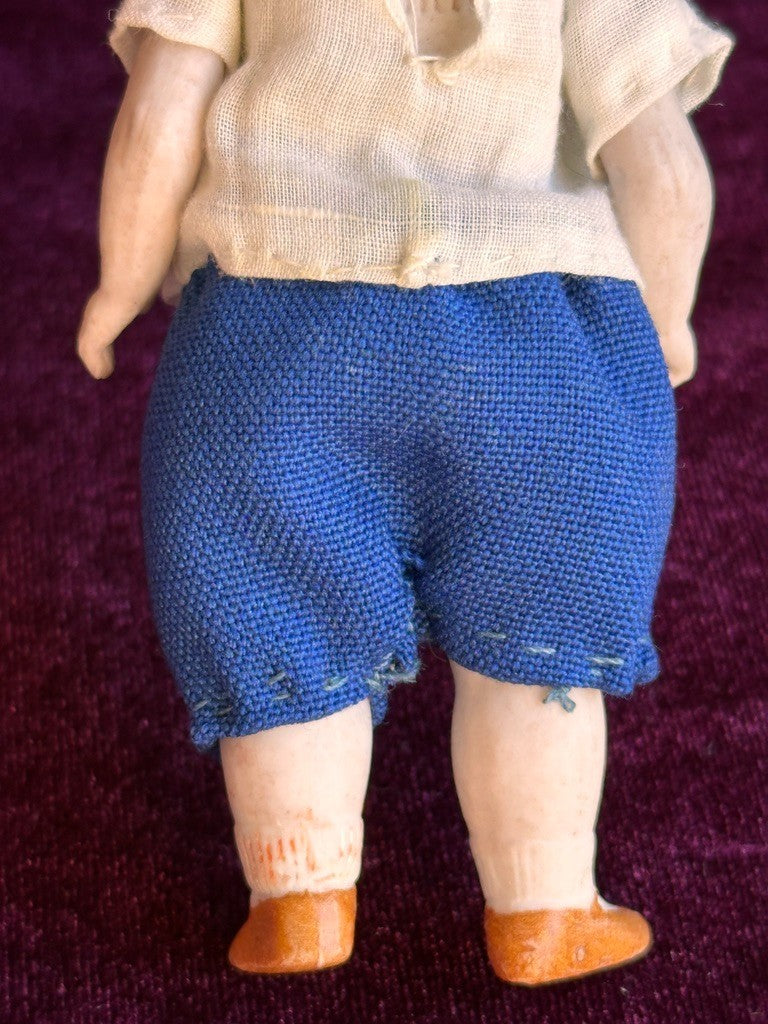 Antique German 4.375” All Bisque Boy Doll with Molded Hair