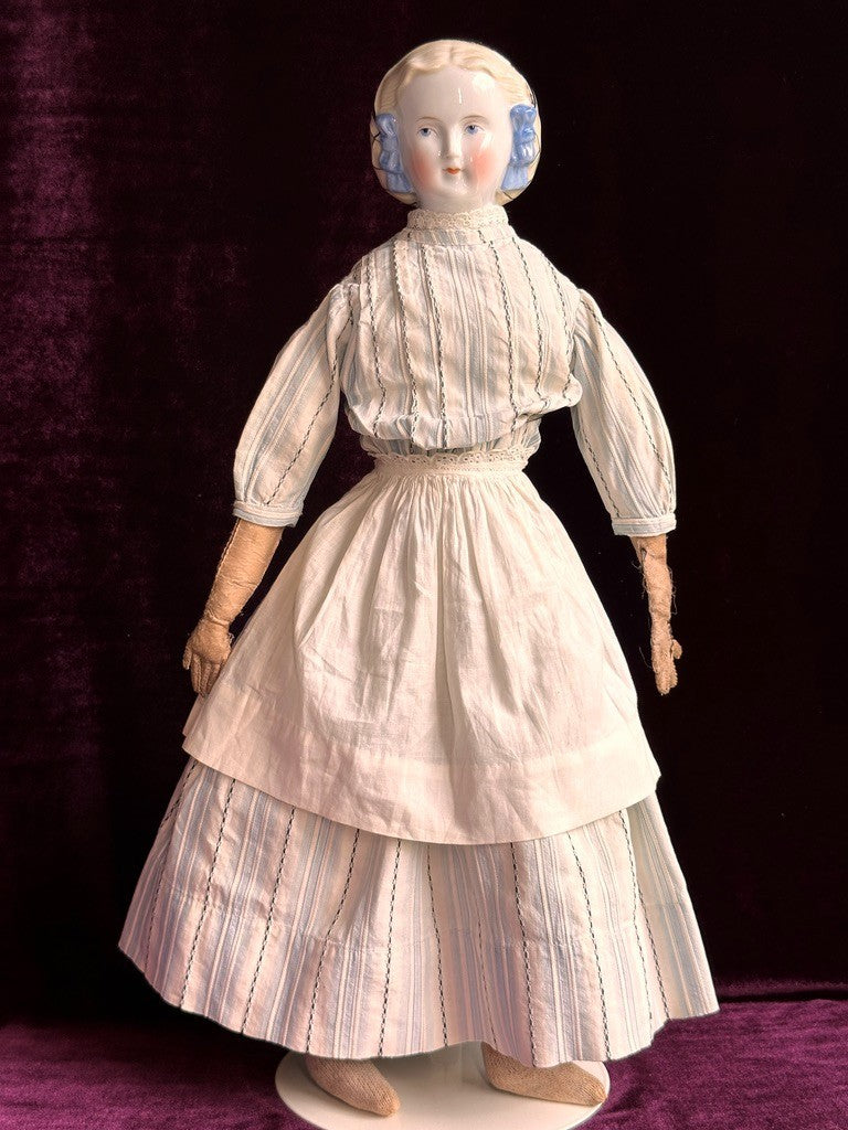Rare Antique German 17.5” Molded Snood Blue Bows China Shoulder Head Doll