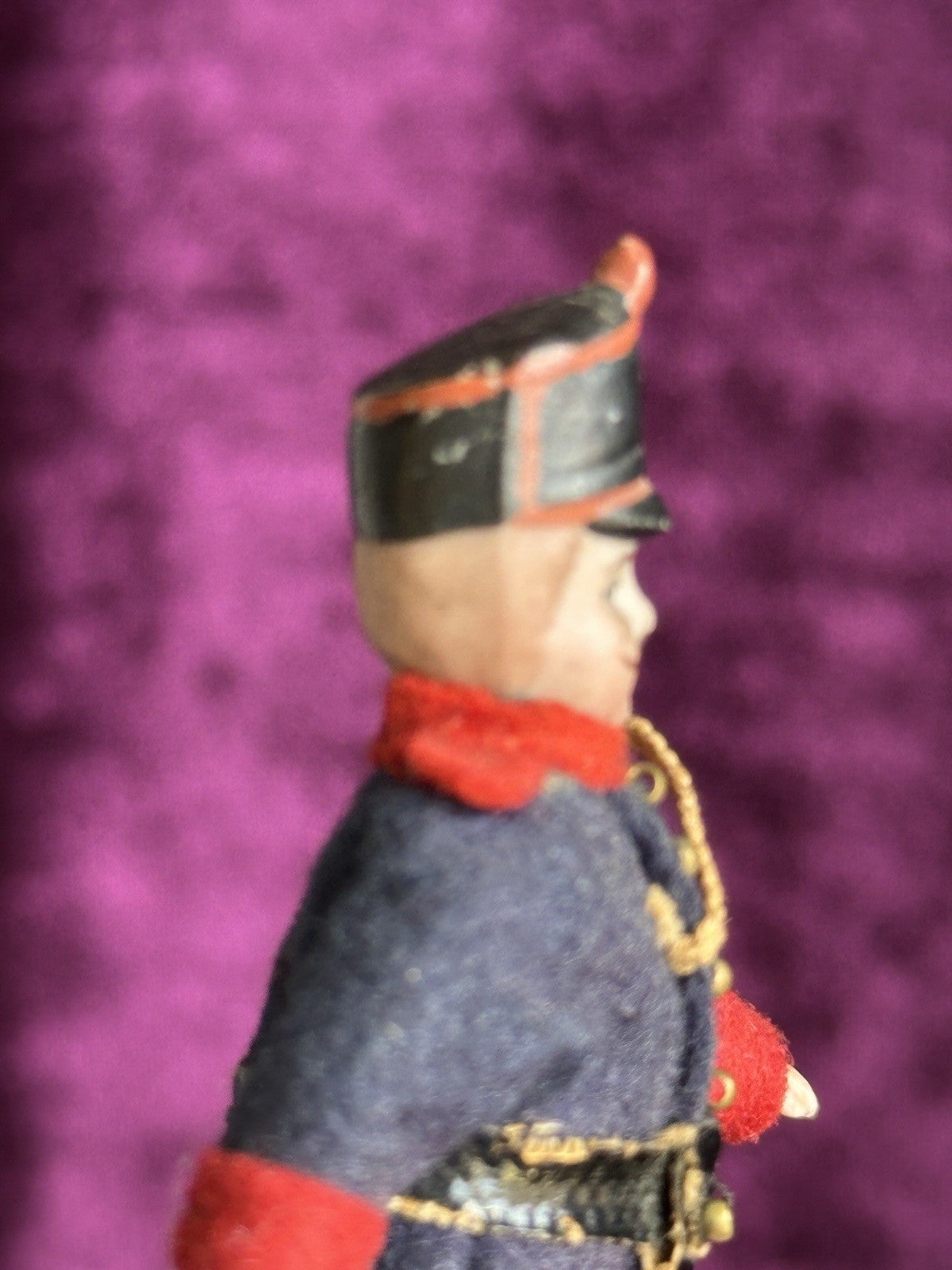 Antique German Bisque 2.875” Soldier Molded Hat Miniature Dollhouse Soldier Doll