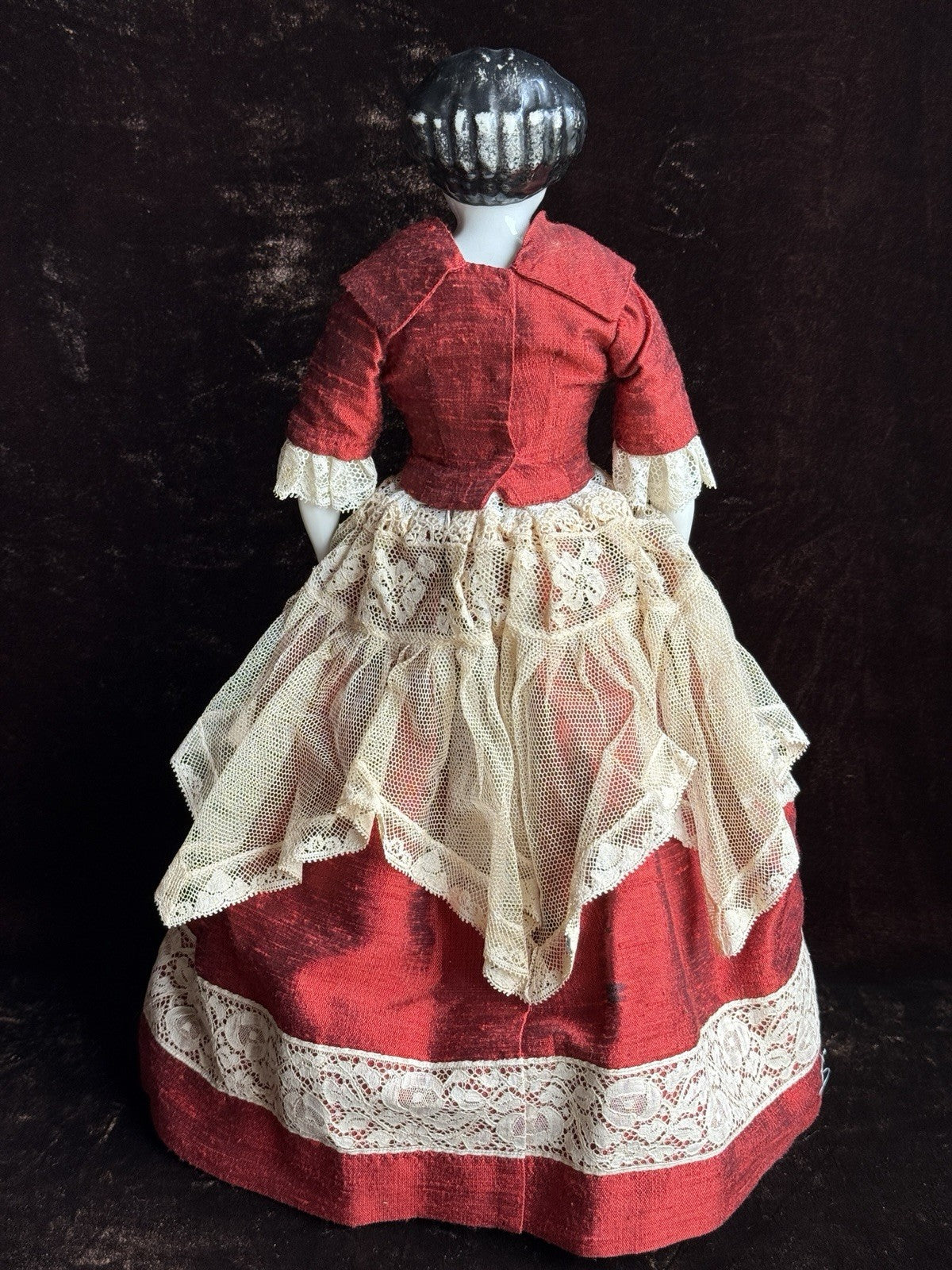 Antique German 14” Flat Top China Head Fashion Doll with Brown Eyes