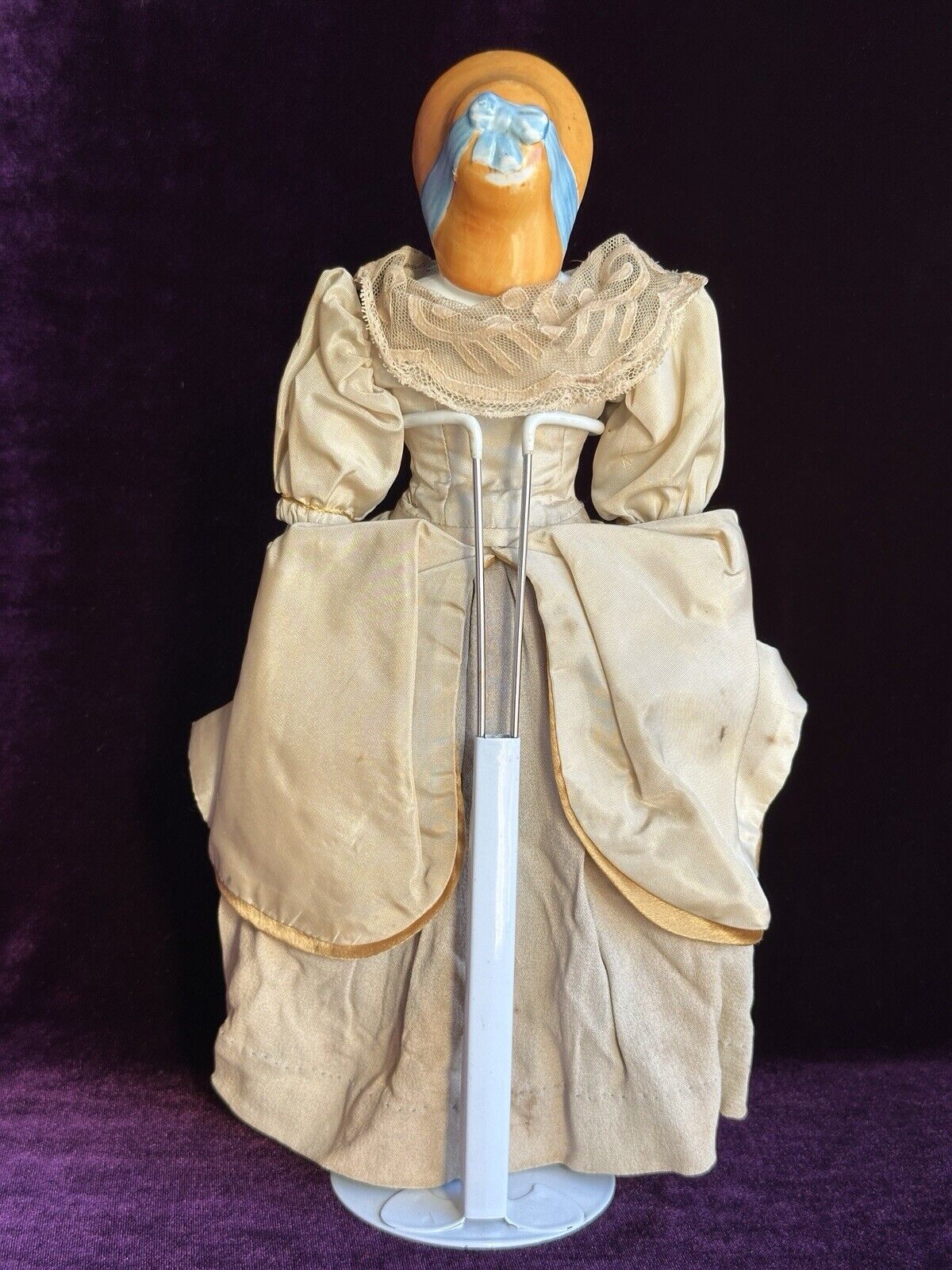 Antique German 12.5” China Shoulder Head Doll with Molded Bonnet