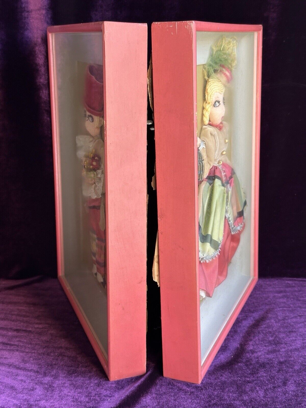 2 Vintage Framed Diorama Cloth Dolls Displays by American Artist Alice Daly