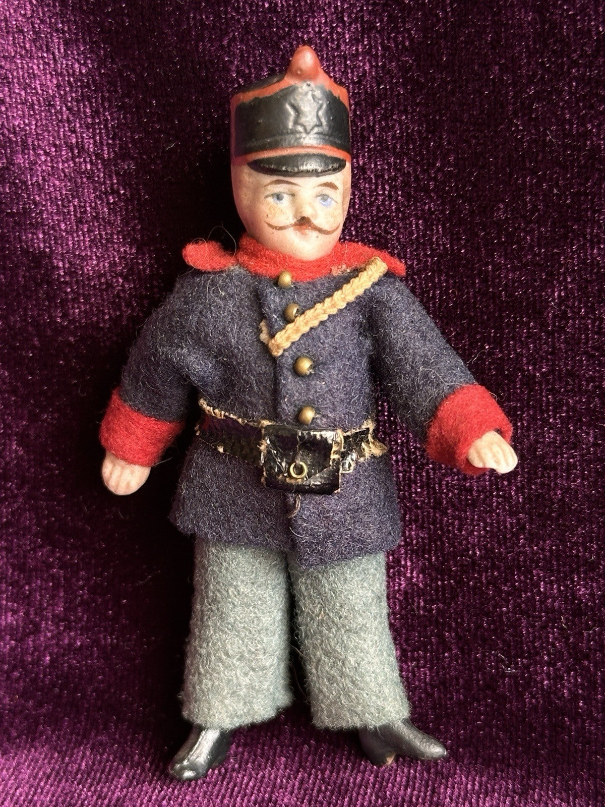 Antique German Bisque 2.875” Soldier Molded Hat Miniature Dollhouse Soldier Doll