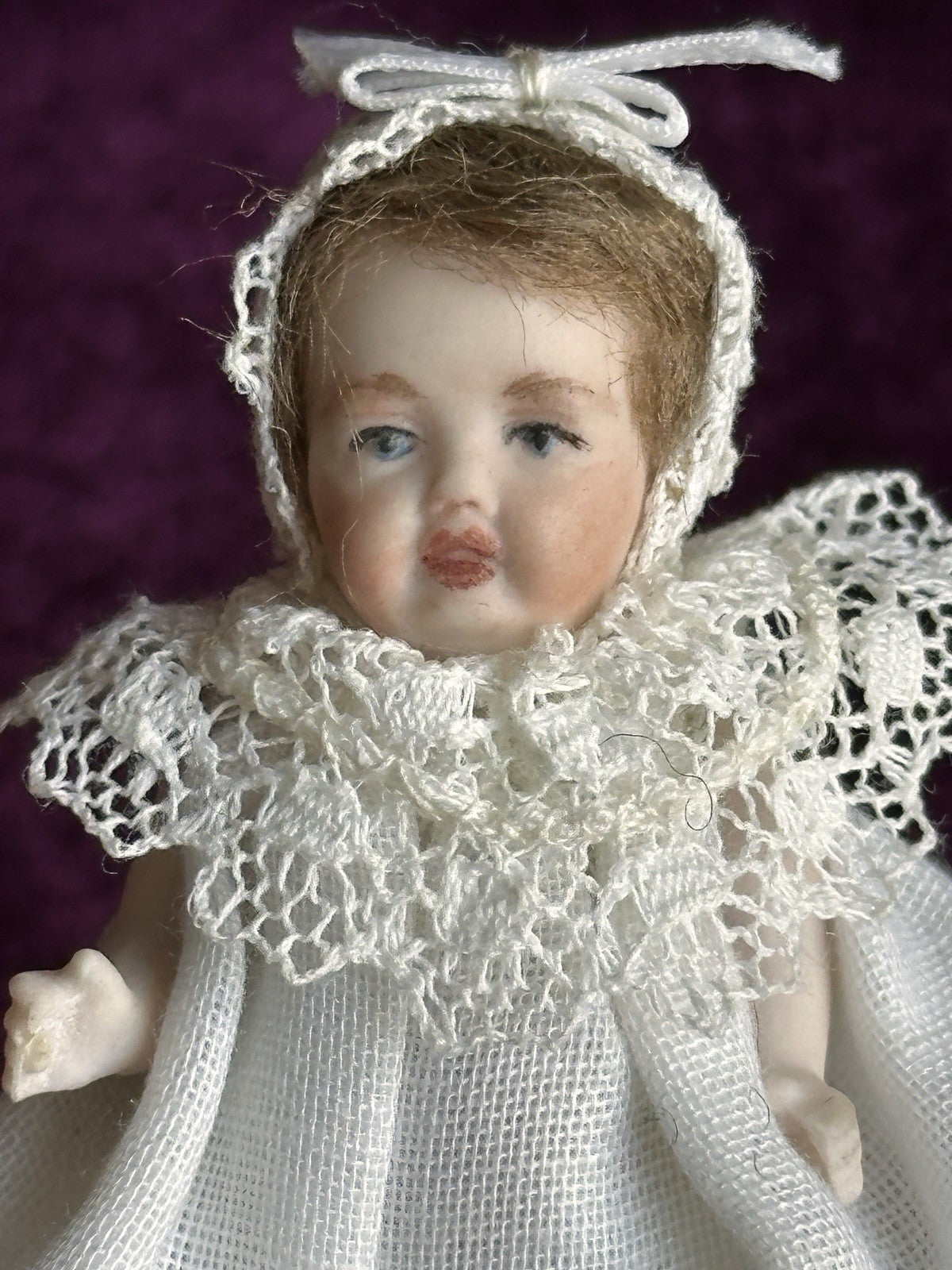 All Porcelain Signed Miniature Hilda (?) Dollhouse Baby Doll in Metal Buggy