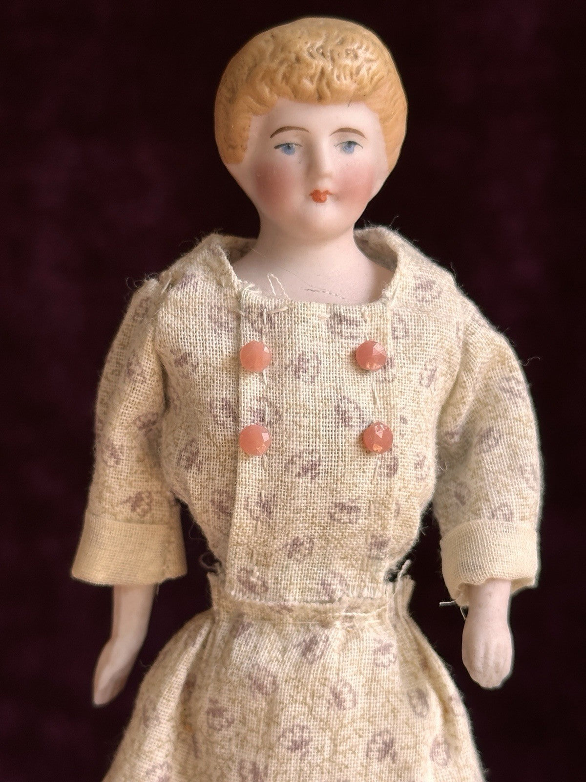 Antique German 5.75” Bisque Cloth Miniature Dollhouse Parian Doll with Bun