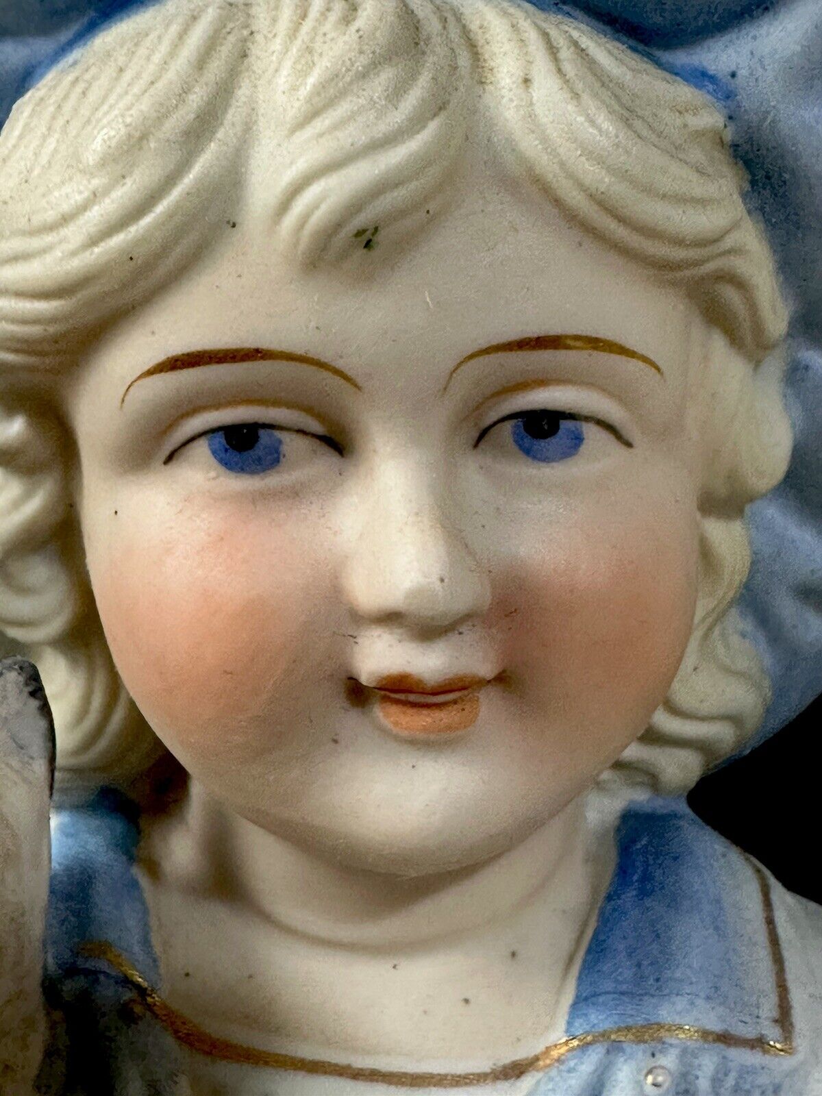 Antique Bisque Large 11” Figurine Boy and Girl In Blue Holding Cats Numbered 15