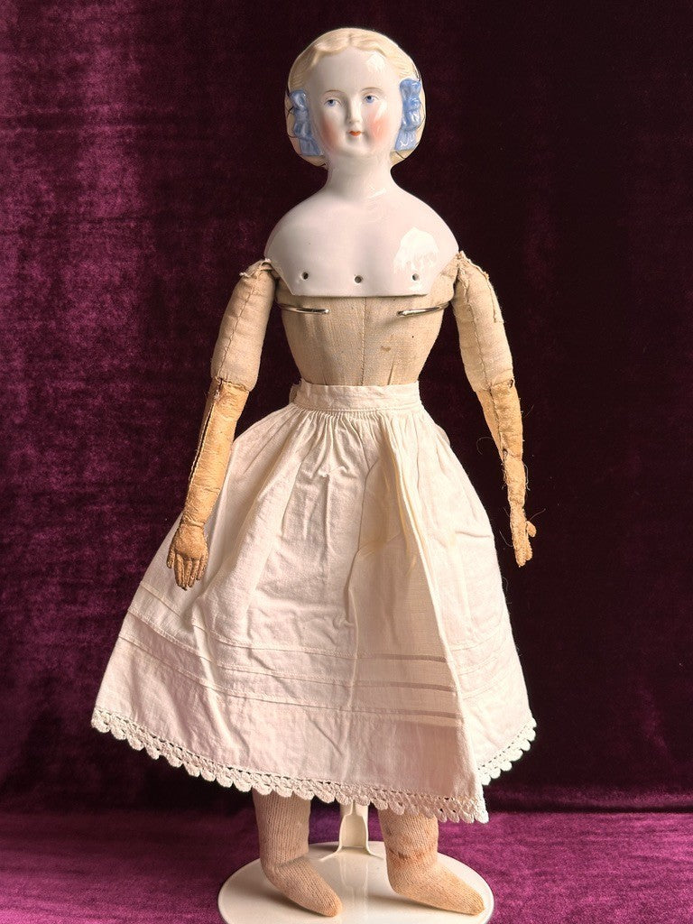 Rare Antique German 17.5” Molded Snood Blue Bows China Shoulder Head Doll