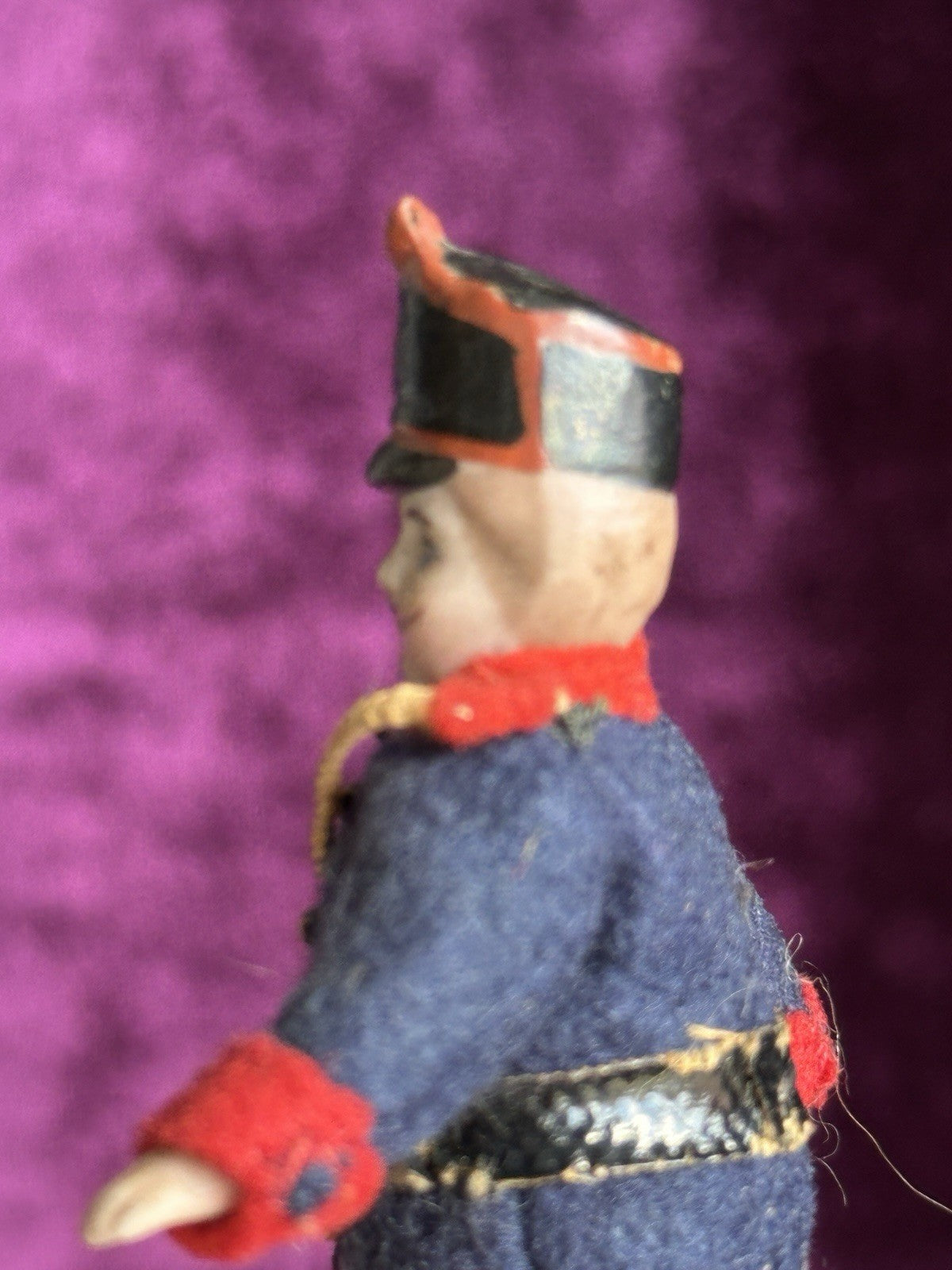 Antique German Bisque 2.875” Soldier Molded Hat Miniature Dollhouse Soldier Doll