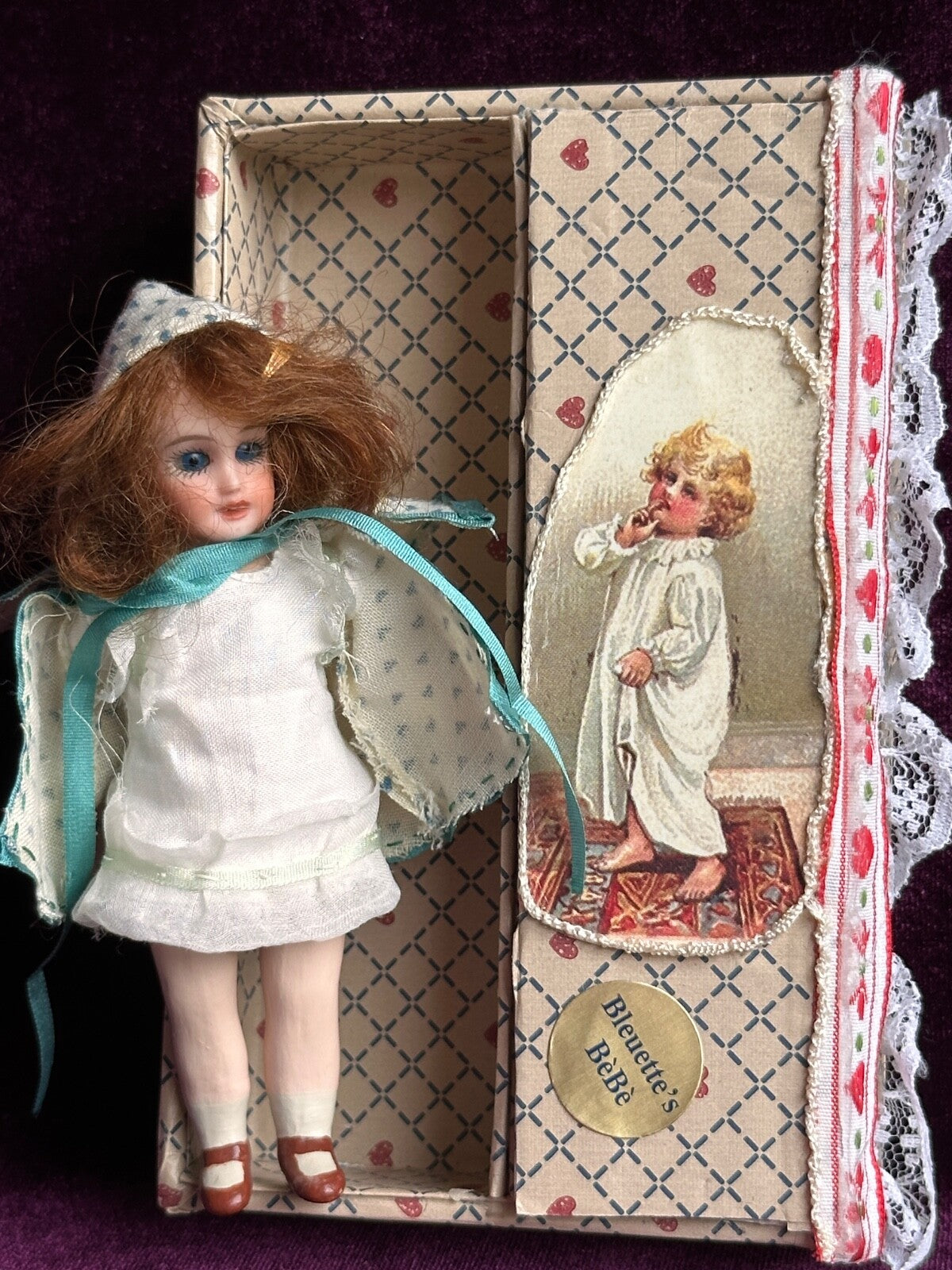 Miniature 4.5” Reproduction of French Bleuette Dollhouse Doll in Trunk + Extra