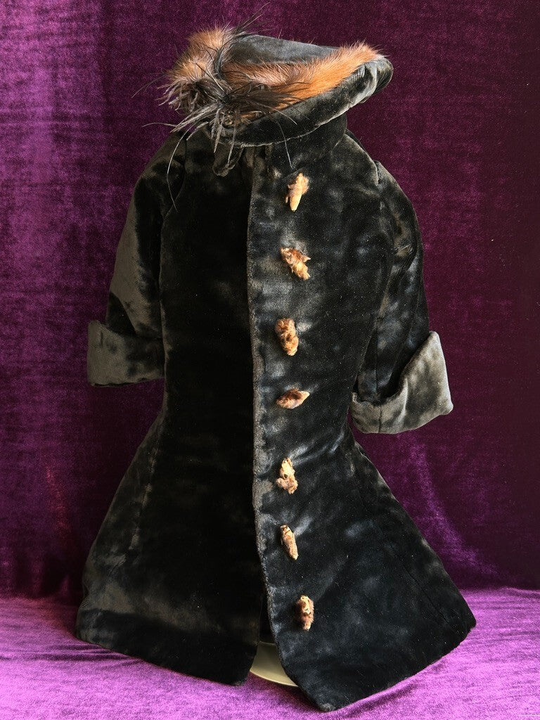 Antique French All Original Fur Child Coat + Hat for Large French Bisque Doll
