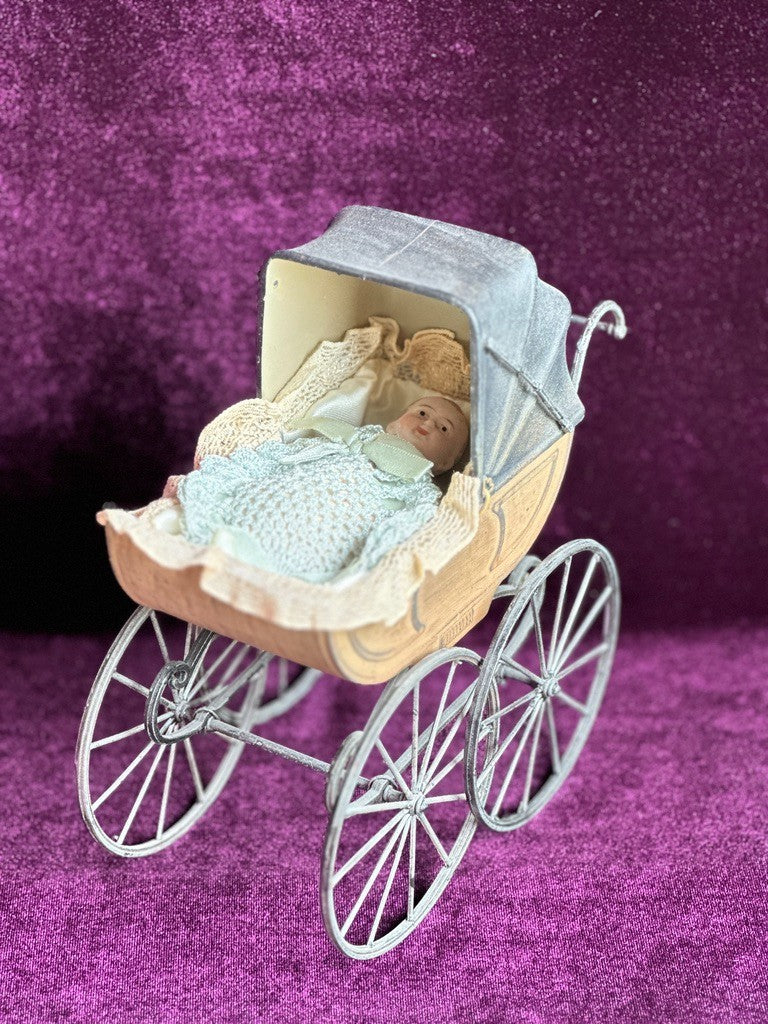 Antique German Miniature All Bisque Limbach Baby Doll in Victorian Pram/Carriage