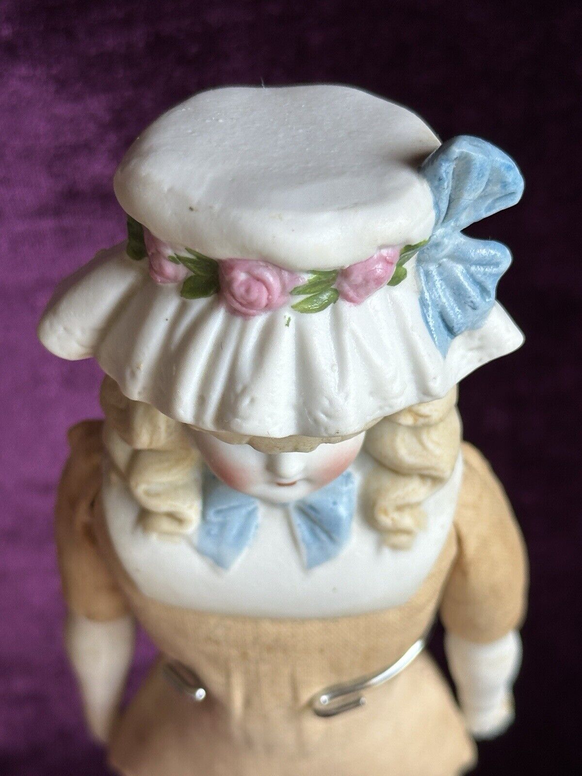 Antique German 11.5” Hertwig Molded Bonnet Bisque Head Parian Doll