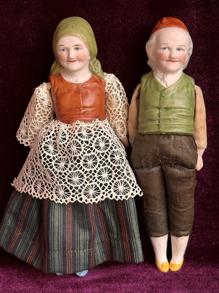 Pair Antique German Hertwig 6.5” Bisque Molded Torsos Character Dollhouse Dolls