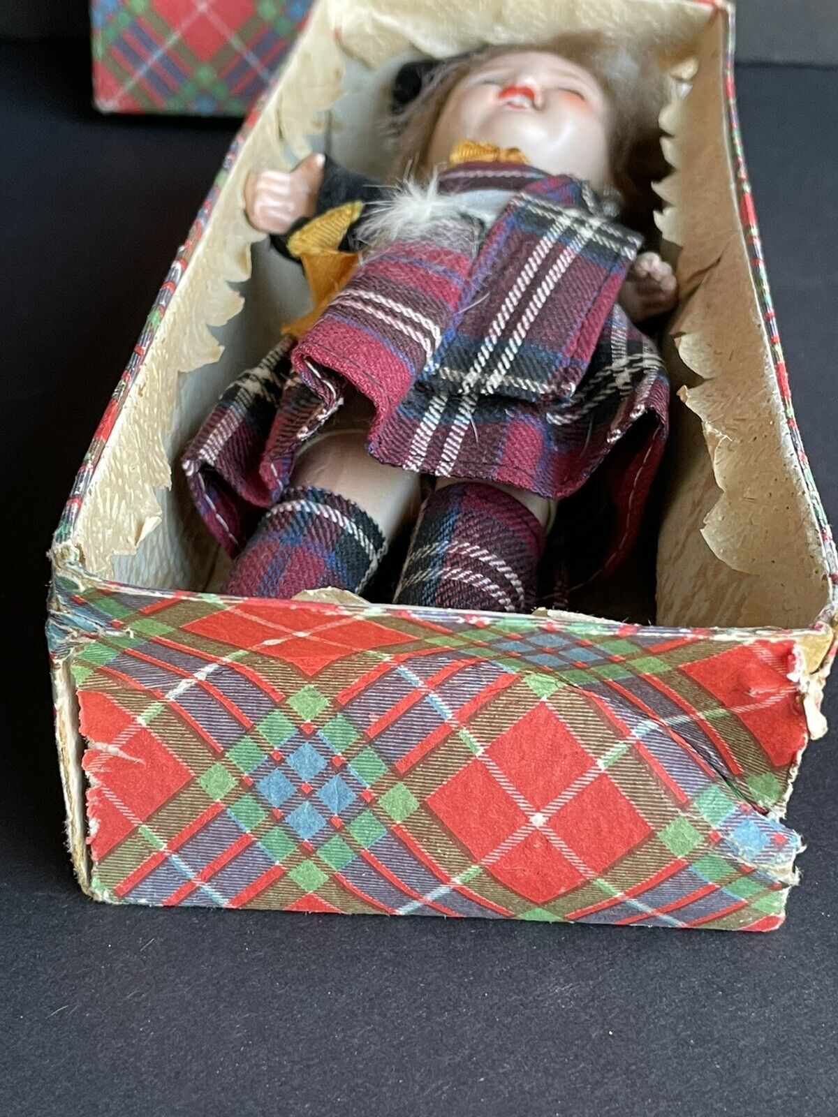 Antique German (?) 8” All Bisque Scottish Boy Doll in Original Box