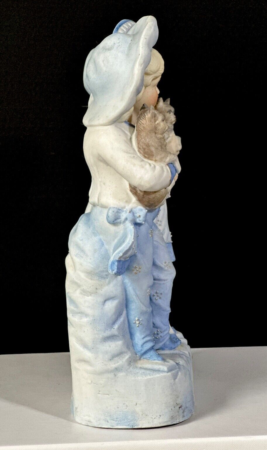 Antique Bisque Large 11” Figurine Boy and Girl In Blue Holding Cats Numbered 15