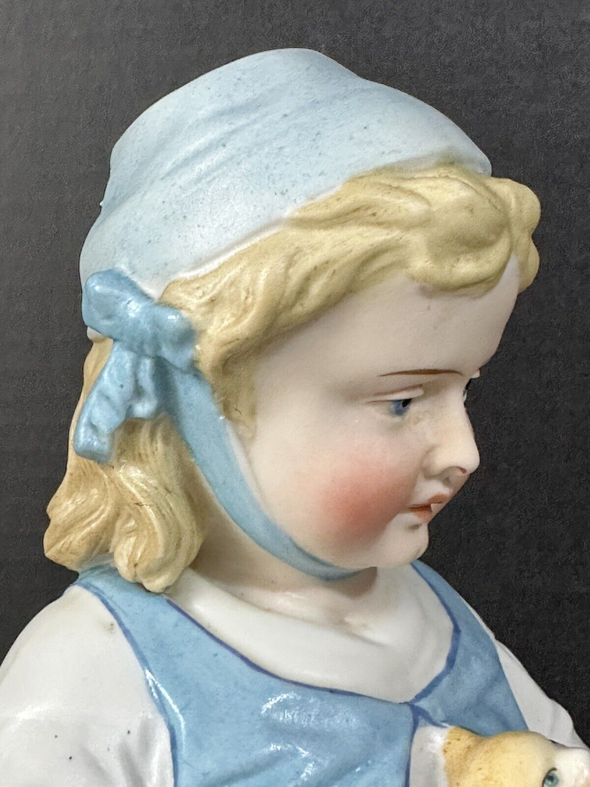 Antique Bisque Large 12” Figurine Girl Holding Cat Marked R In Blue Diamond