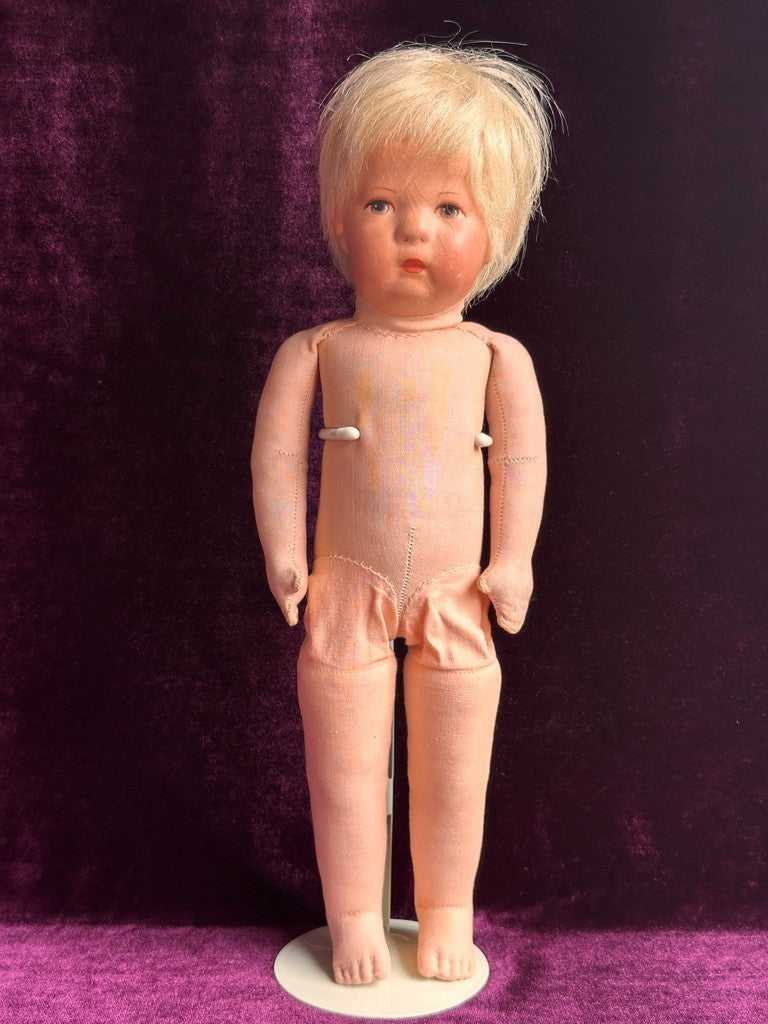 Antique German 14.” Early Kathe Kruse Hampelchen Cloth Doll Human Hair Wig