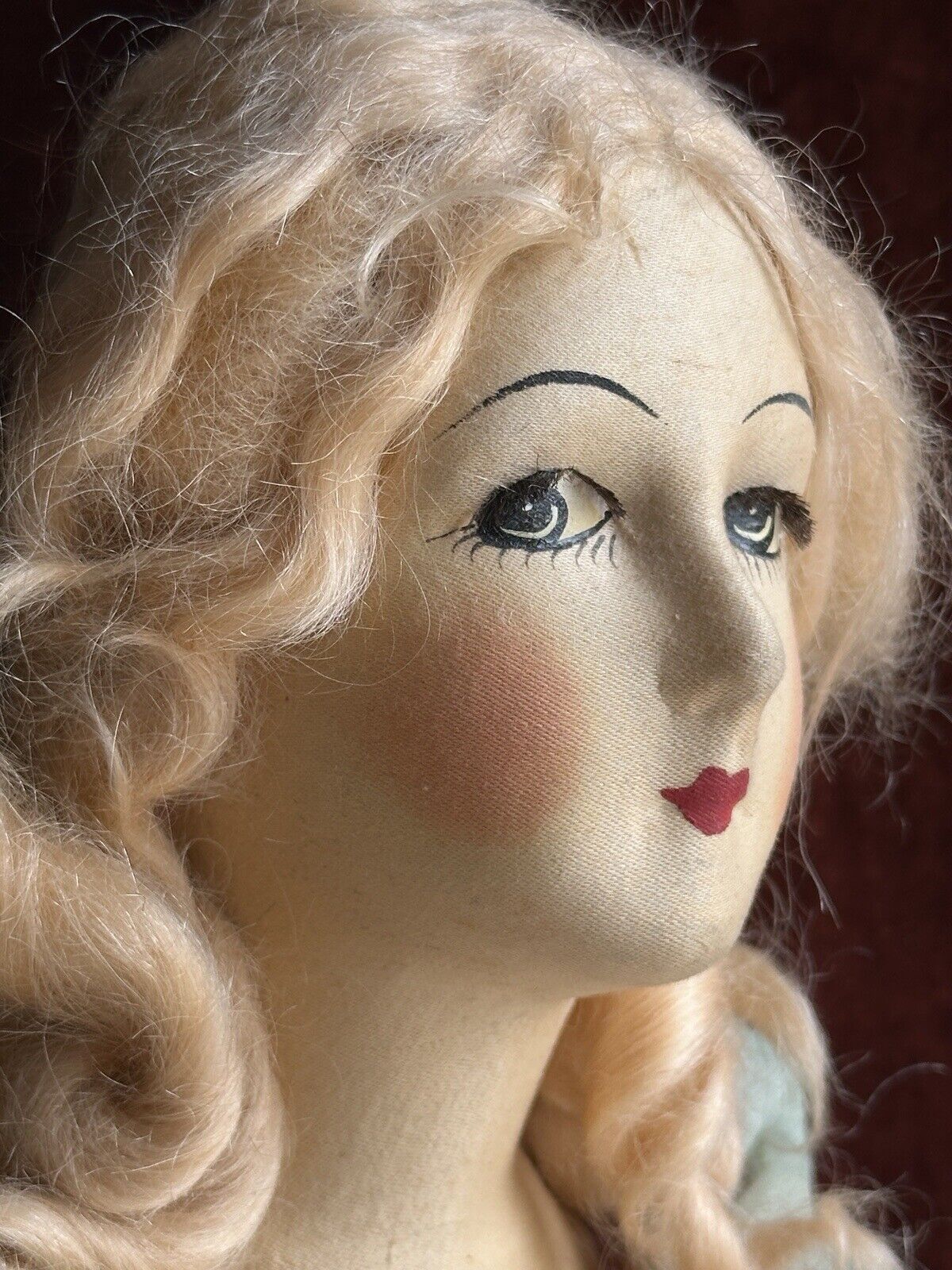 Antique Art Deco 29” French Boudoir Flapper Cloth Face Mask Doll