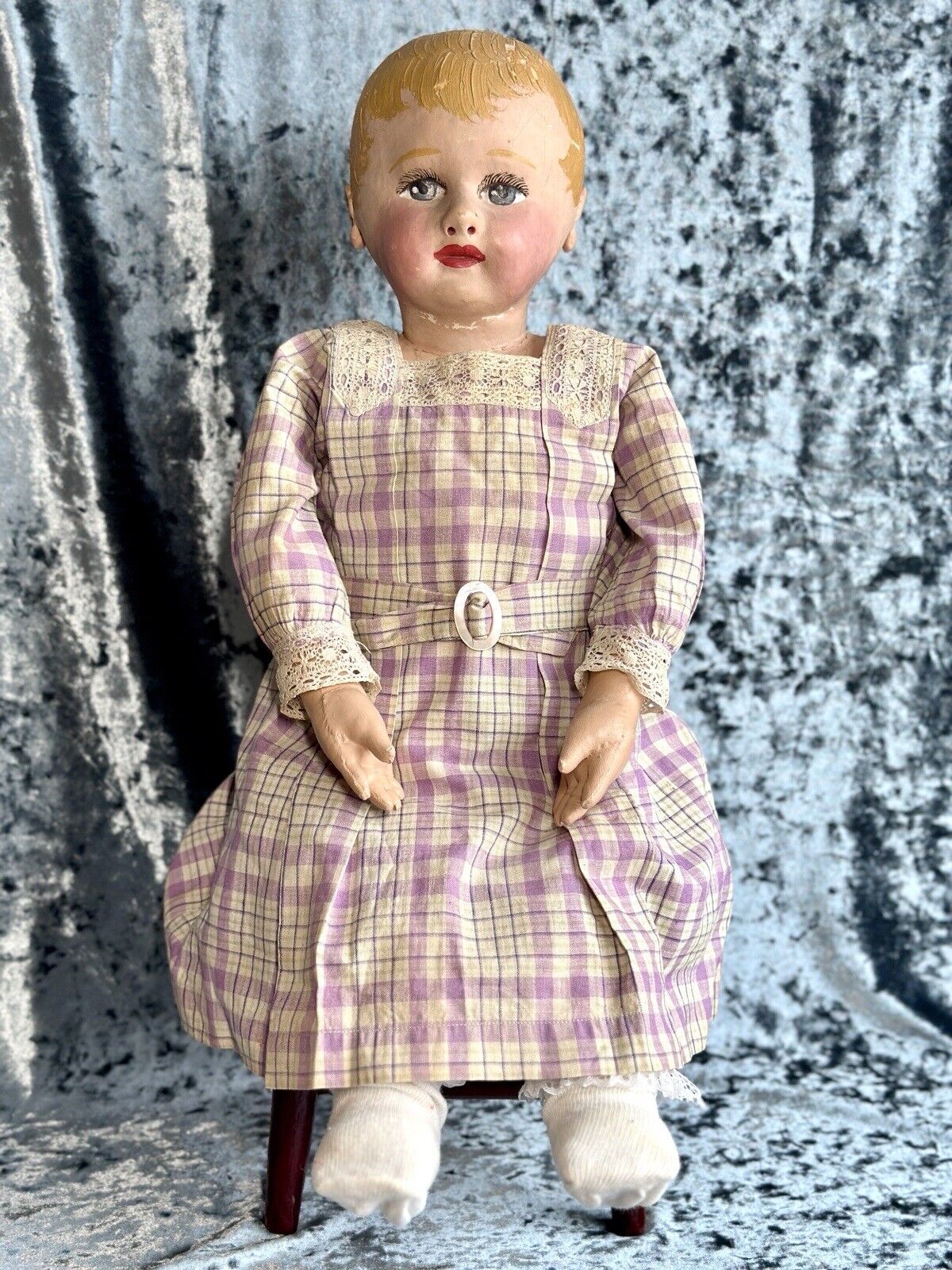 Large Antique American 25” Martha Chase Stockinette Oil Painted Baby Doll