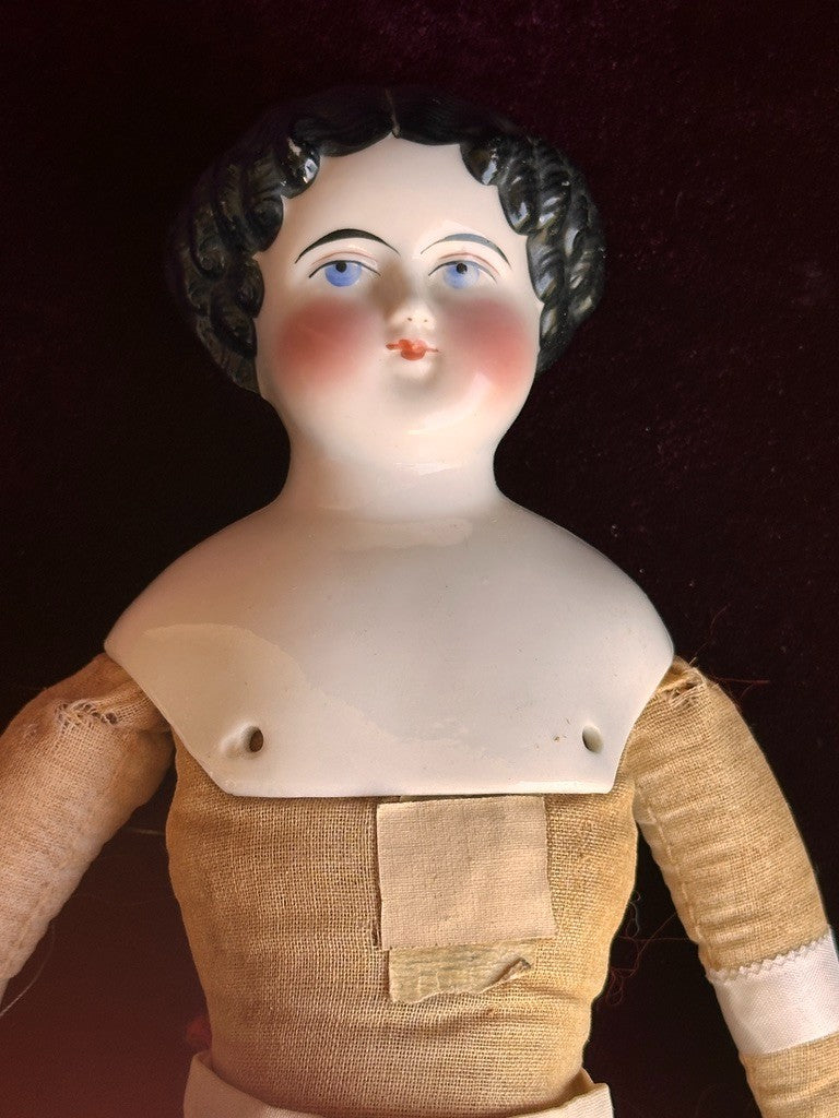 Antique German 16” Flat Top China Shoulder Head Doll