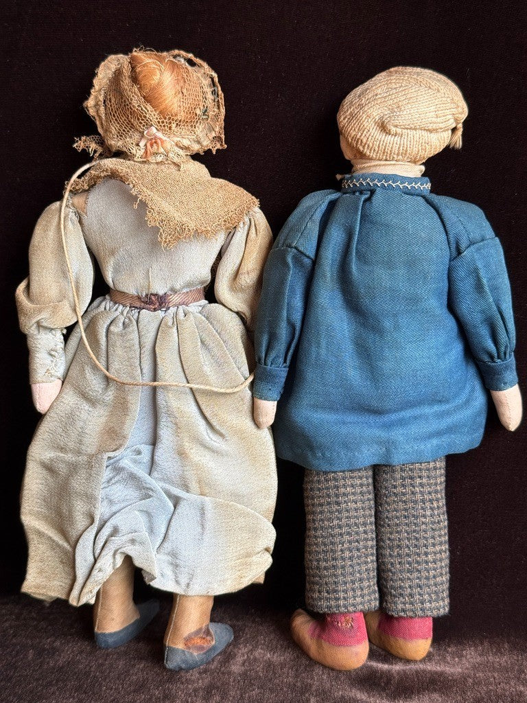 Lot of 2 Antique European Cabinet Size Handmade Folk Cloth Oil Painted Dolls