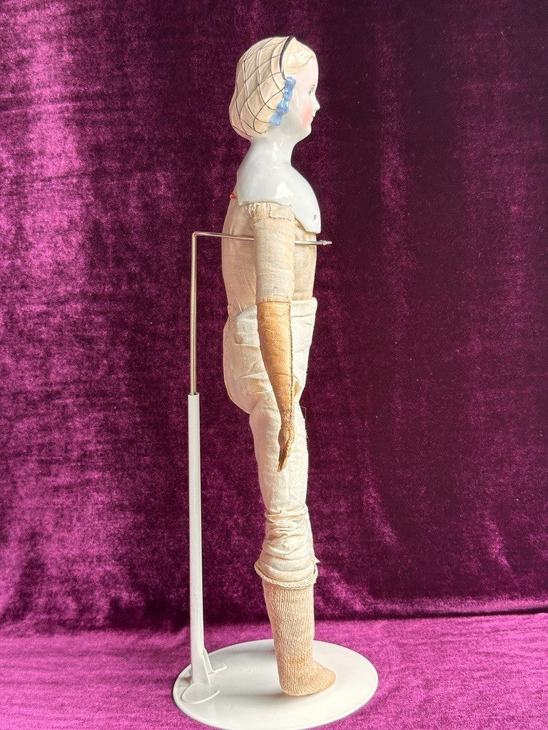 Rare Antique German 17.5” Molded Snood Blue Bows China Shoulder Head Doll
