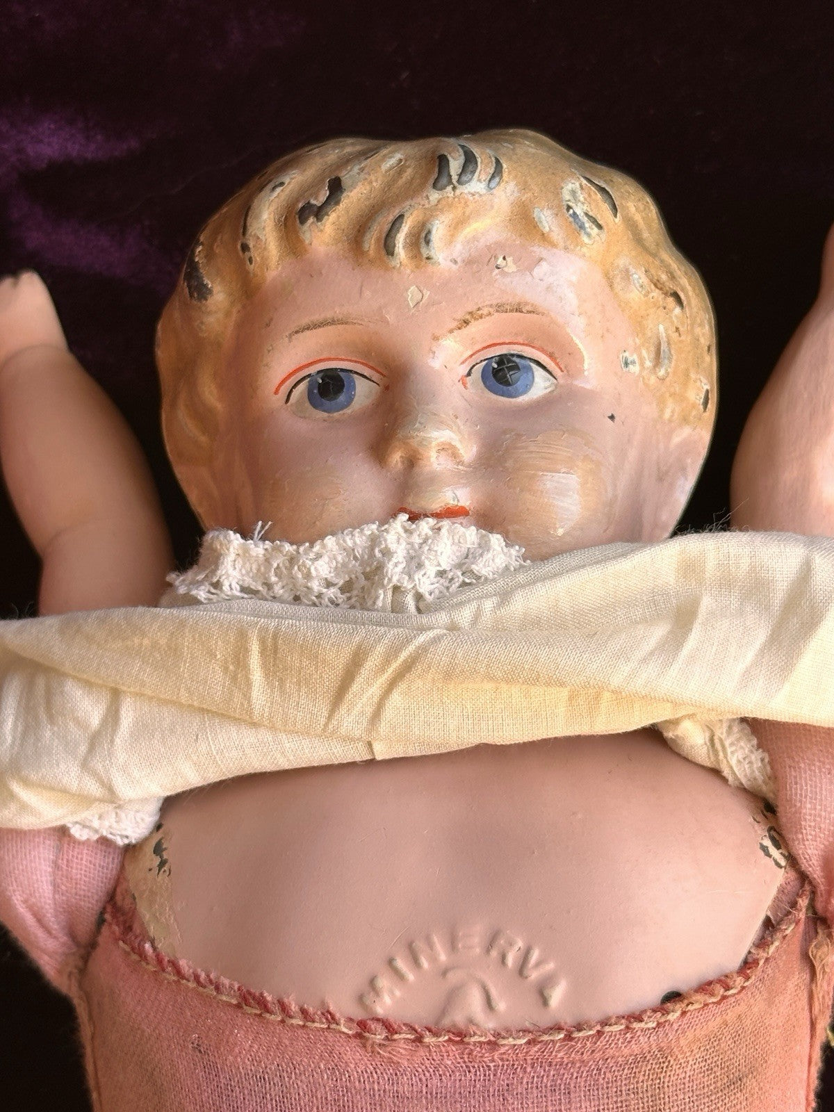 Antique German 16” Minerva Metal Tin Head Doll
