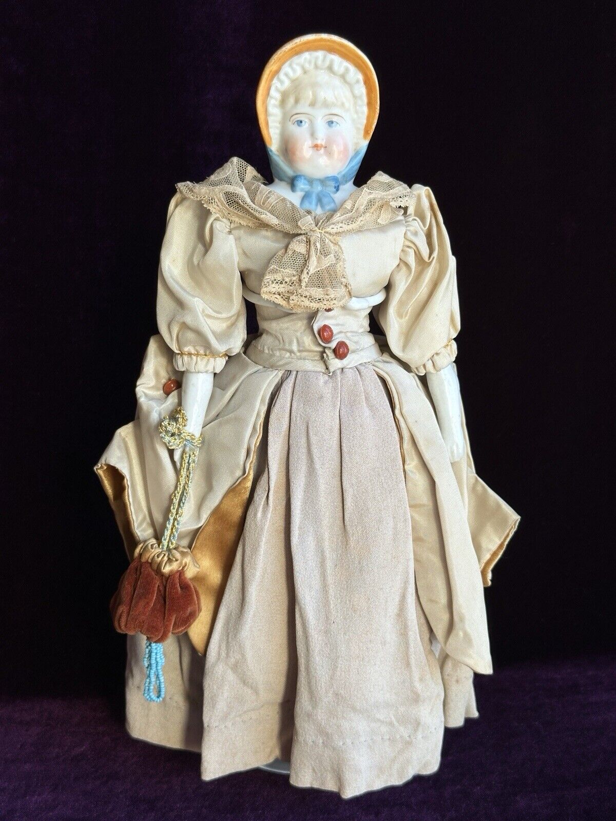 Antique German 12.5” China Shoulder Head Doll with Molded Bonnet