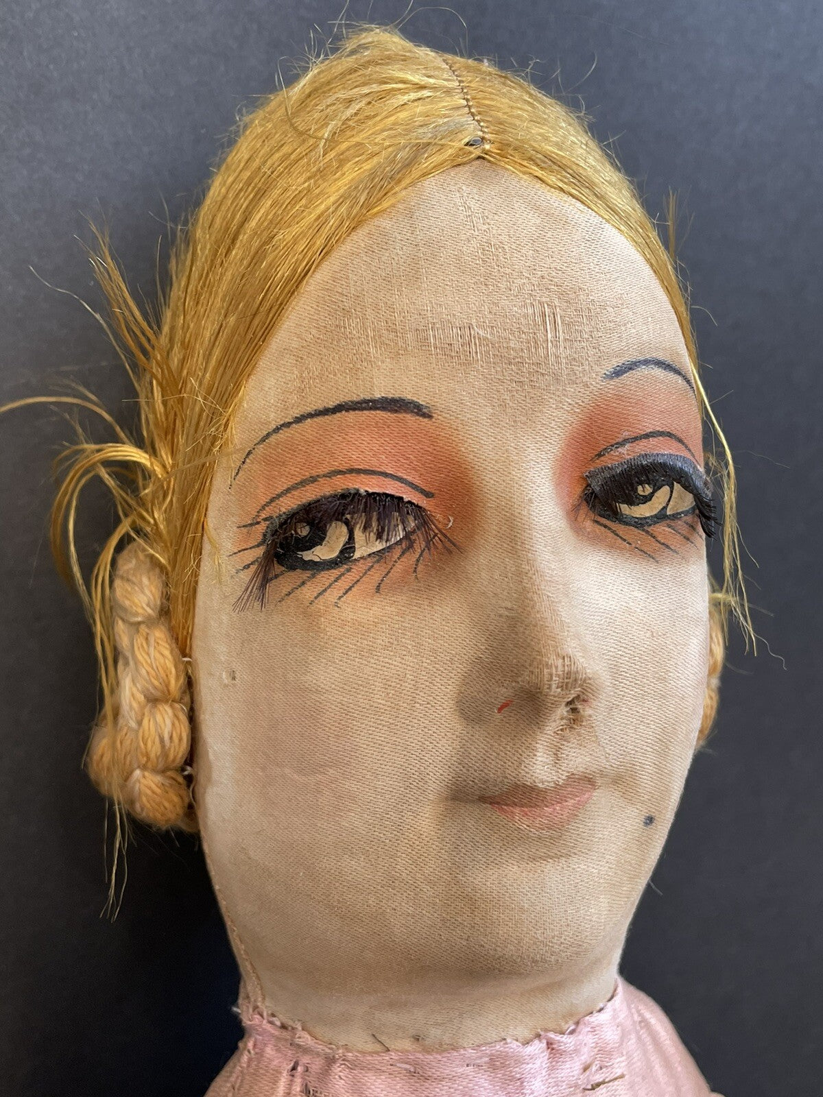 Antique Art Deco 30” French Boudoir Flapper Cloth Face Mask Doll