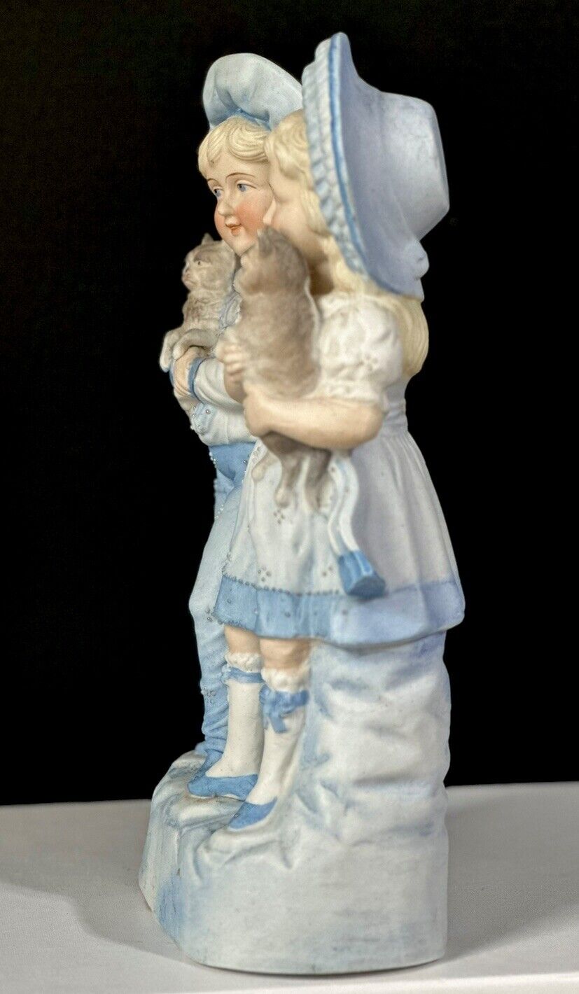 Antique Bisque Large 11” Figurine Boy and Girl In Blue Holding Cats Numbered 15