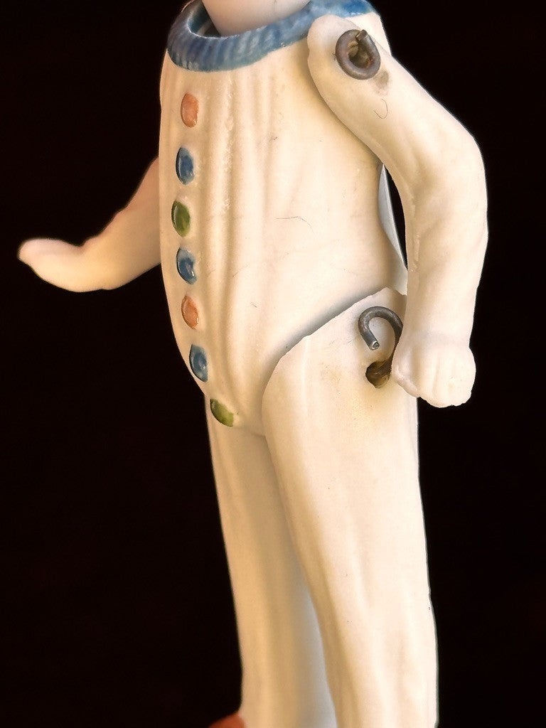 Antique German 4.375” Miniature All Bisque Jester Clown Dollhouse Doll