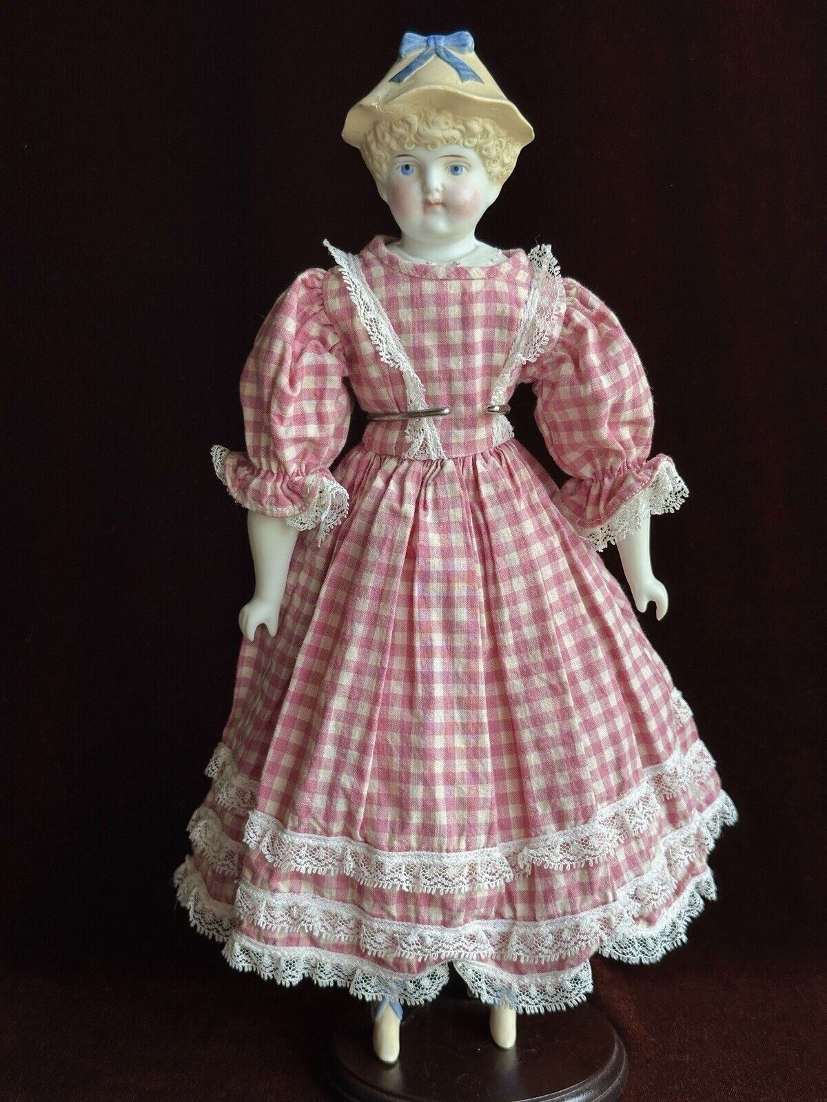Antique German Hertwig 14” Molded Hat Parian Bisque Shoulder Head Doll