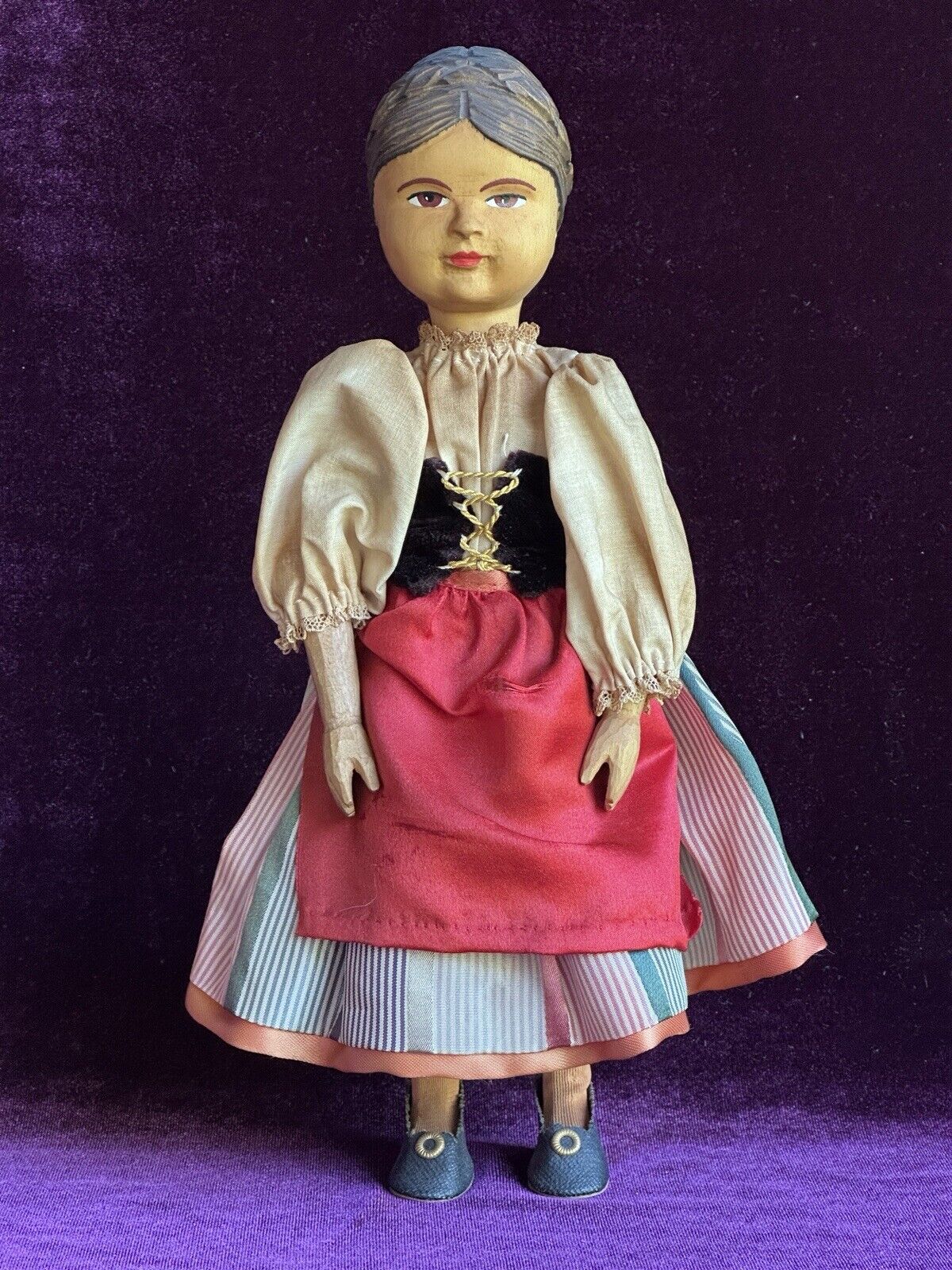 Vintage 10” Swiss Huggler Wood Carved Doll
